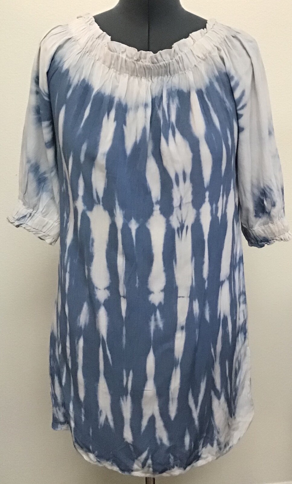 NEW Style Envy L Blue Tie Dye Look Rayon 3/4 Sleeve Short Dress Tunic NWT