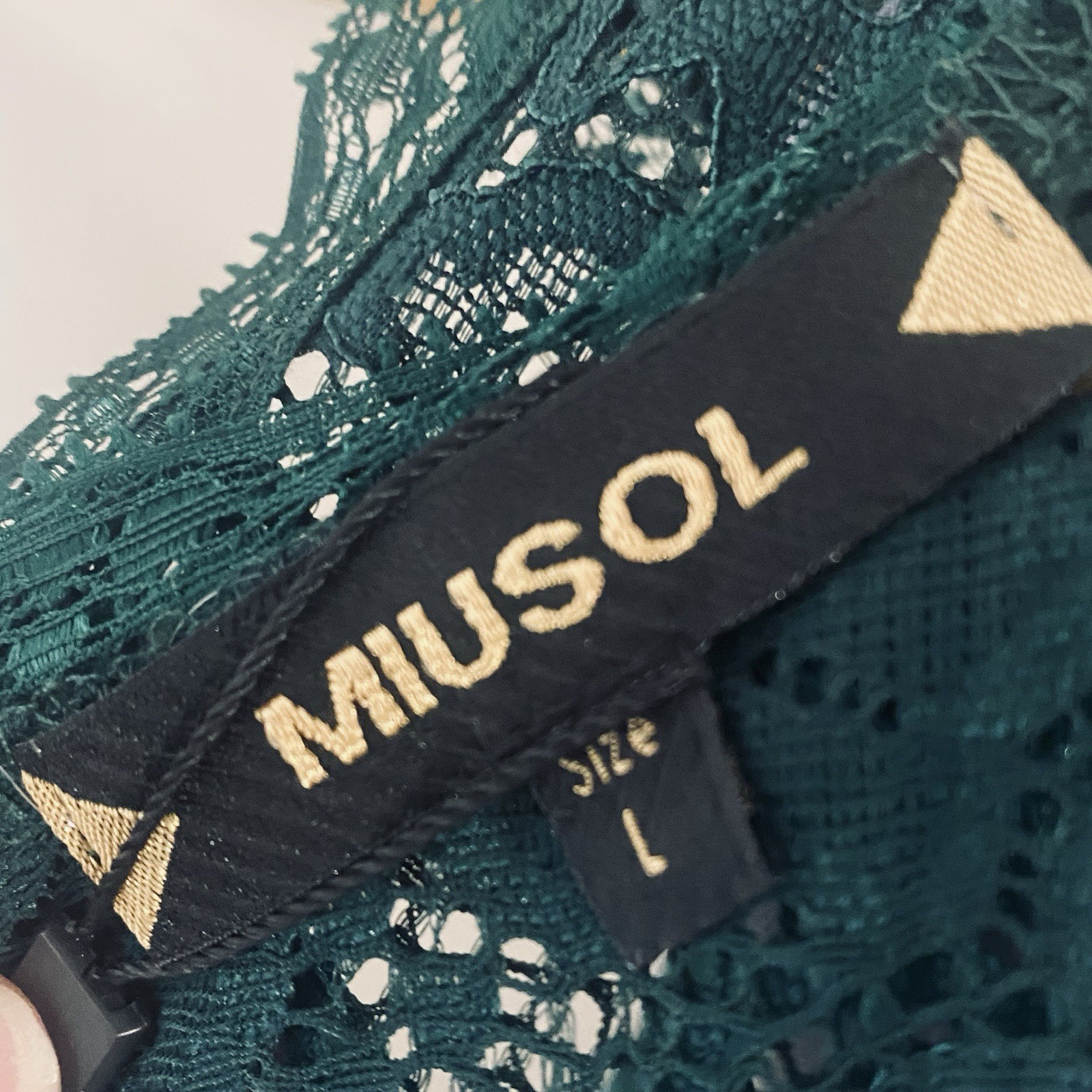 NWT Miusol Dark Green Sz L Evening Gown Lace Bodice Crepe Skirt Sleeveless Lined
