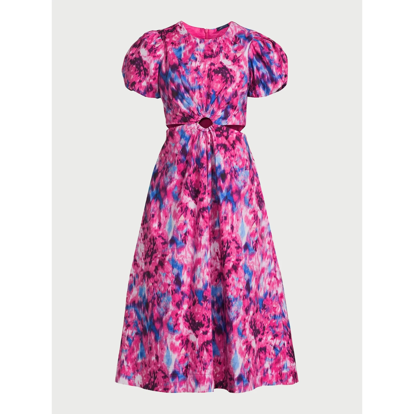 Scoop Women’s Cut Out Pink Print Midi Dress with Puff Sleeves Size M (8-10)