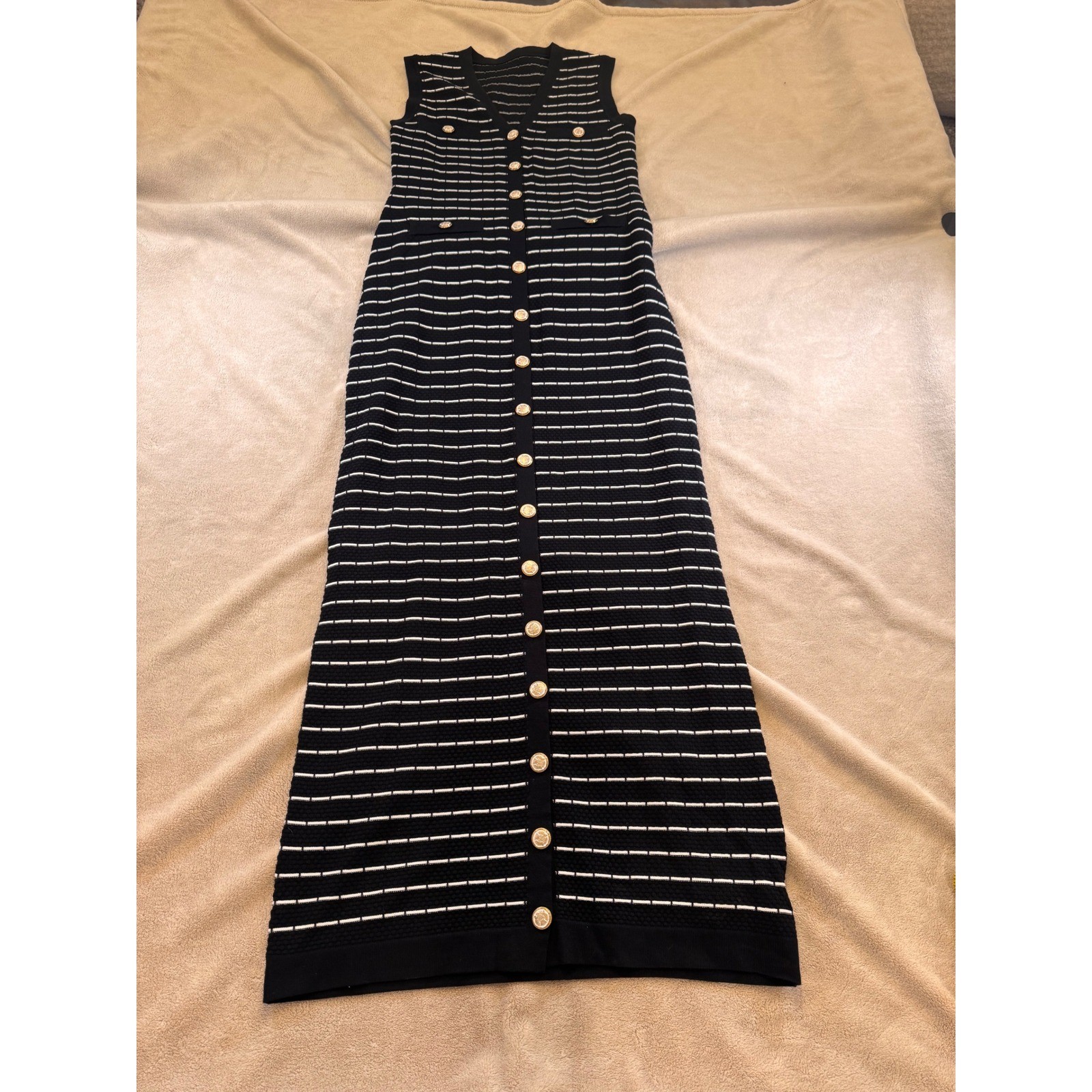 NWT Commense Striped Knit Button Down Maxi Dress Quiet Luxury Chic Old Money S