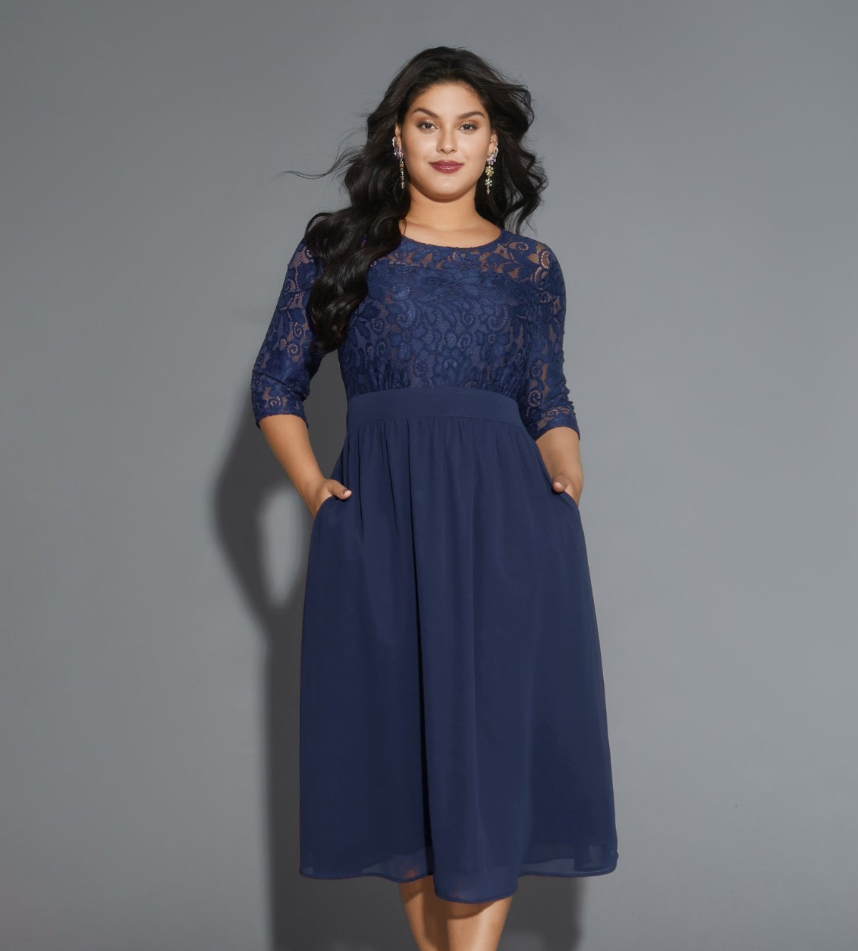 BLOOMCHIC Plus Size US 22-24 Blue Lace A-Line Midi Dress 3/4 Sleeve