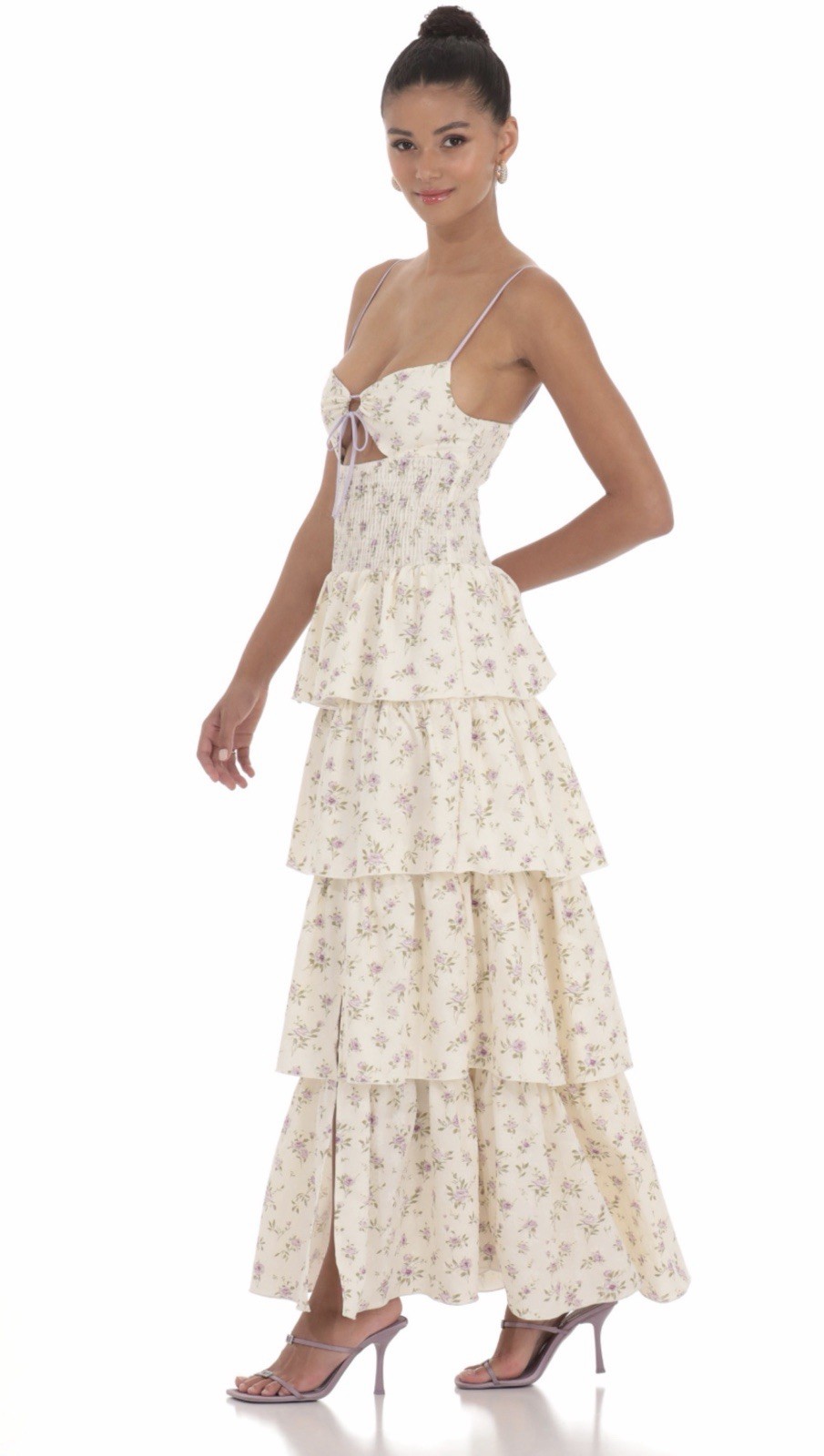 NWT Lucy in The Sky Floral Cutout Tiered Ruffle Maxi Dress In Cream Party Sz S