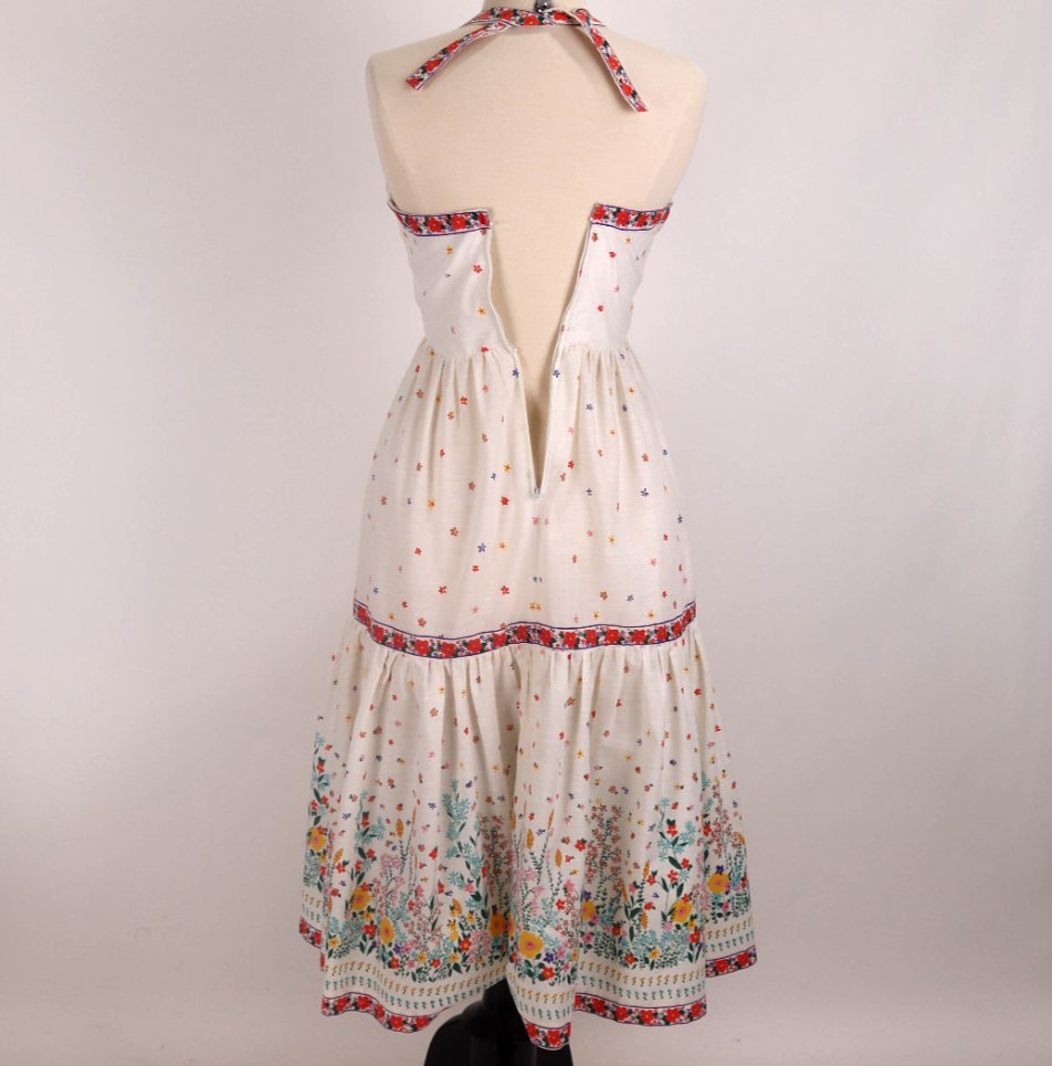 🌺 Vtg Victor Costa Prairie Boho Hippie Floral Holter Dress Garden Party Cottage