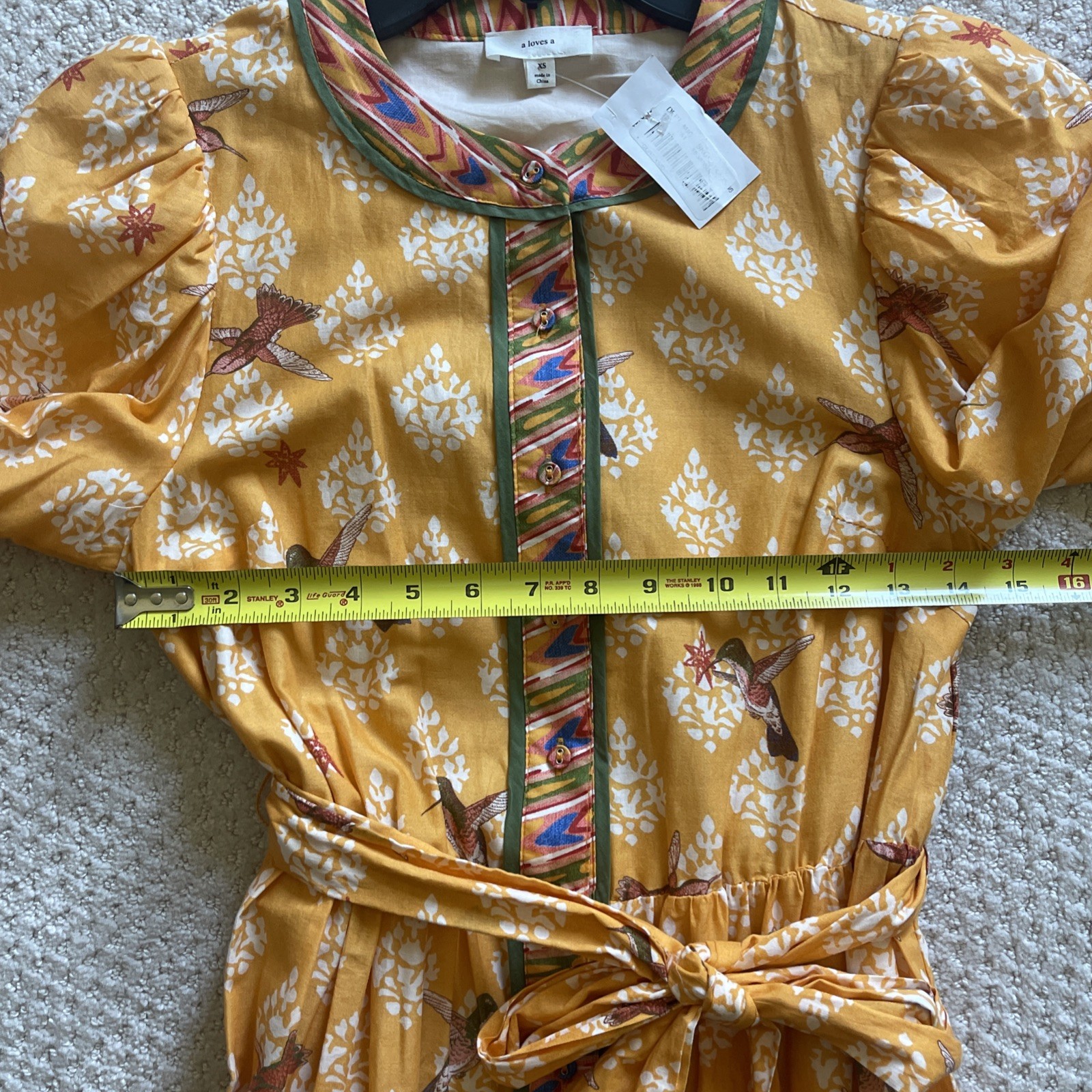 A Loves A Border Print Mandarin Collar Maxi Dress Sz XS Boho Hummingbird Bird