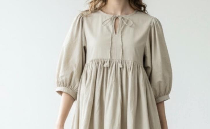 Simple Solid Color Dress | Loose Fit Puff Sleeve Summer Wear