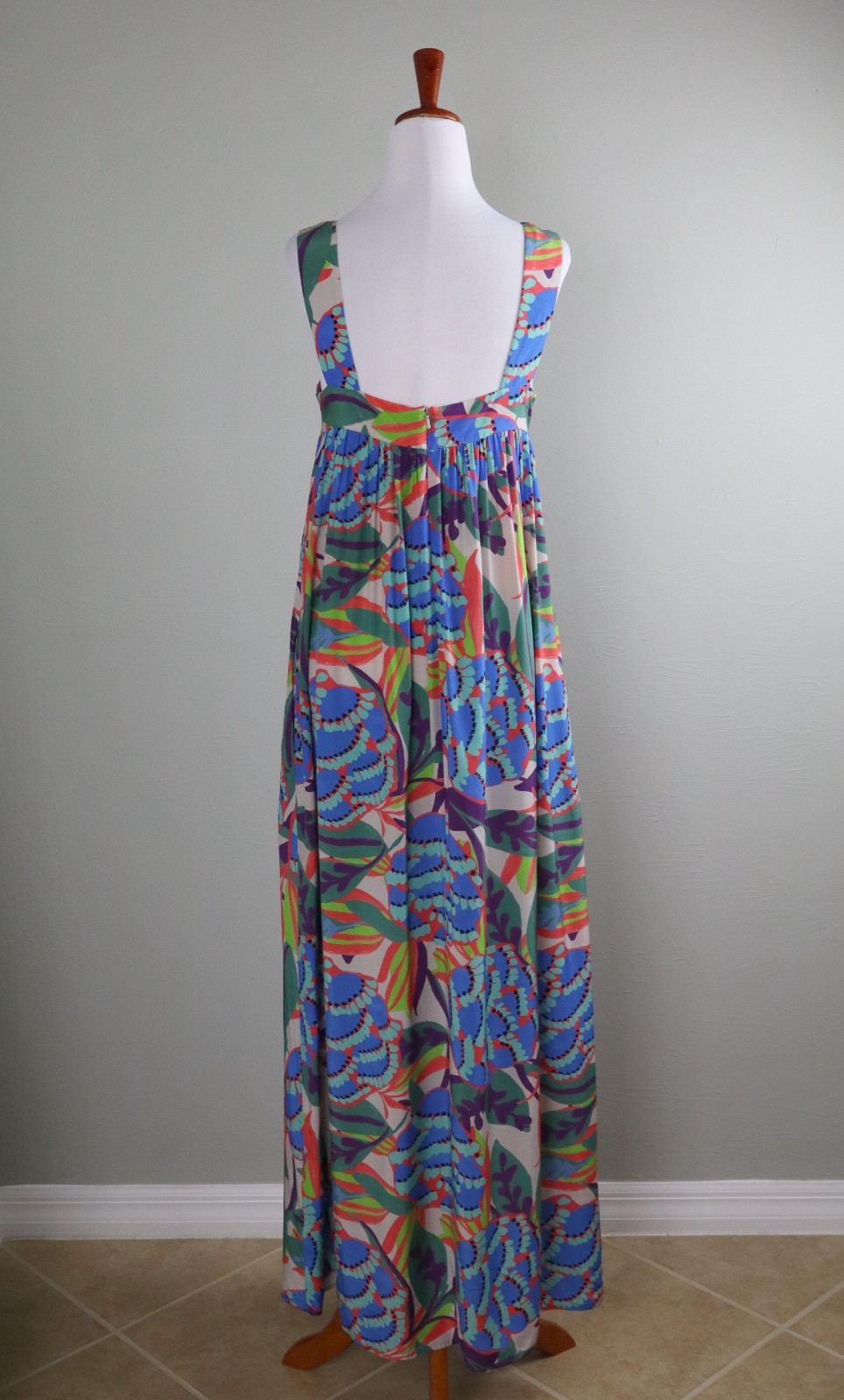 IRIS & INK $260 Shirred Vibrant Floral Print Maxi Apron Tank Dress Size 10