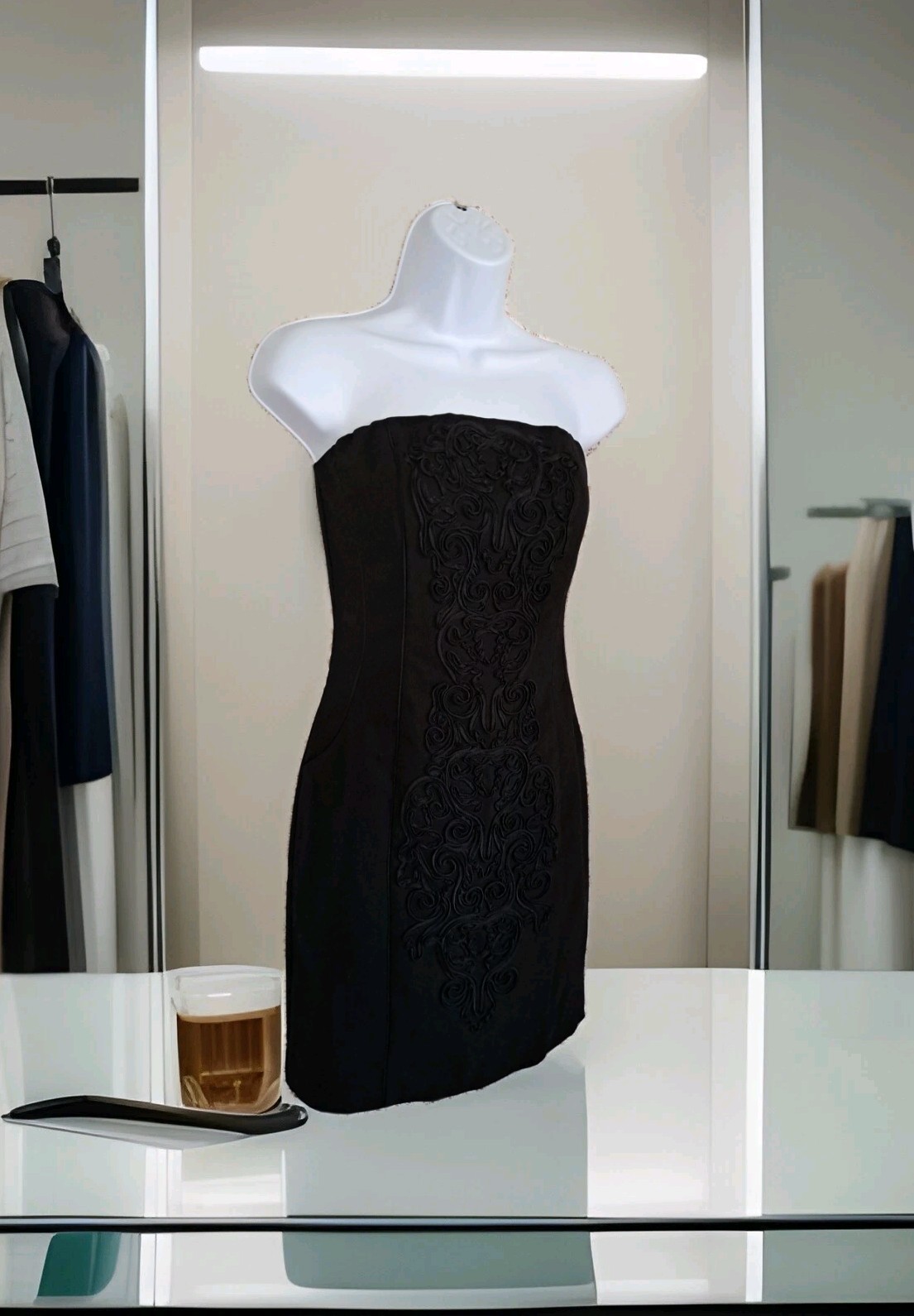 H&M Little Black Dress 8 Strapless Embroidered Floral Bodycon Shift Cocktail