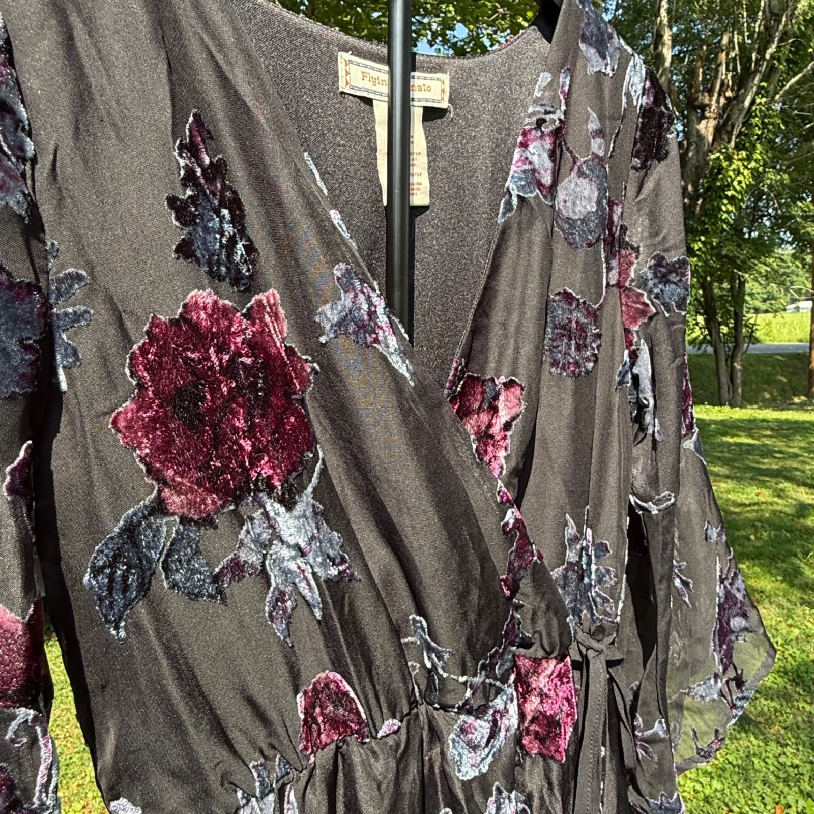 Flying Tomato Burnout Velvet Floral Maxi Dress Black High Low Bell Sleeve Wrap