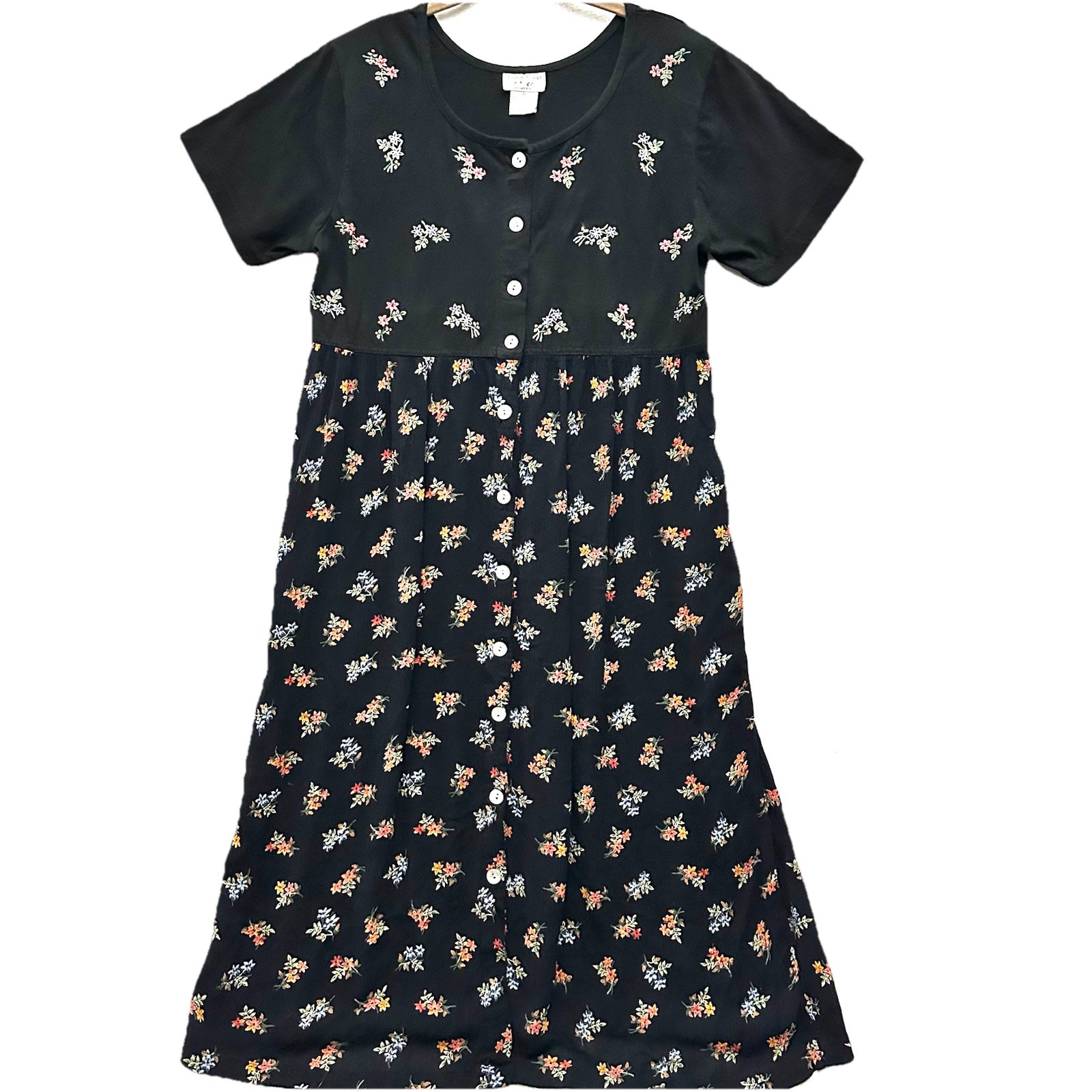 Vtg Amanda Stewart Floral Cotton Midi-Maxi Button Front Dress Modest 90s Cottage