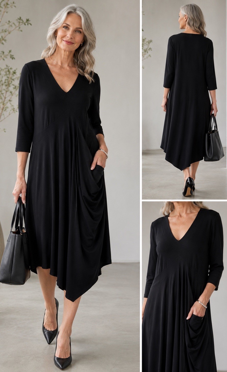 Sympli Black Asymmetrical Midi Dress Size 14 Draped Jersey V-Neck Lagenlook