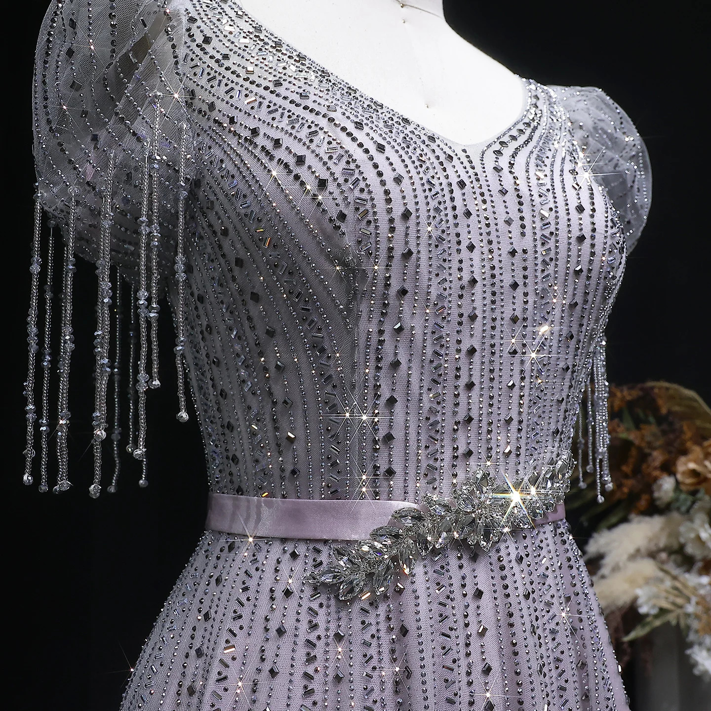 Luxury Beaded Evening Dress with Bubble Sleeves A-line Dubai Prom Lace Ball Gown