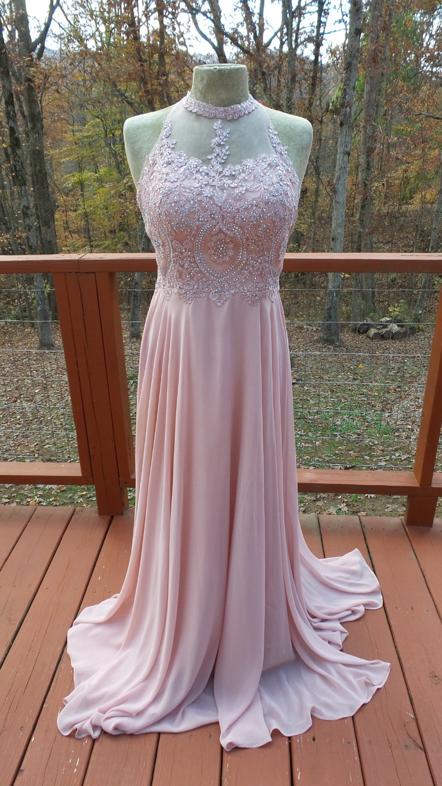 DANCING QUEEN Rose Pink Chiffon Beaded Formal Holiday Party Prom Dress size L