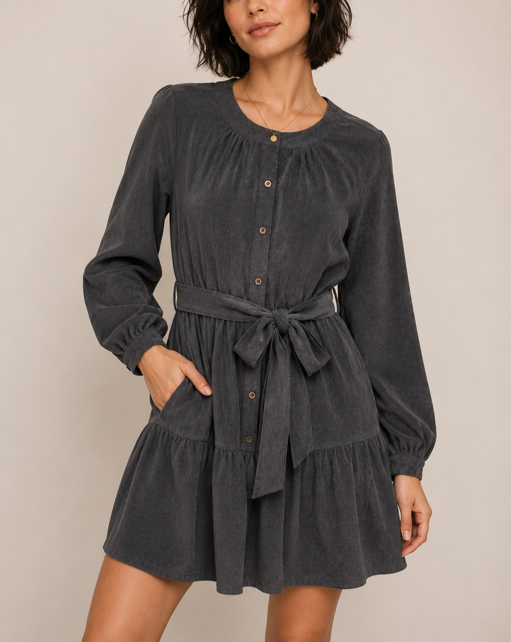 Simply Southern Gray Corduroy Dress Belted Size L Button Front Cottage Boho NWT