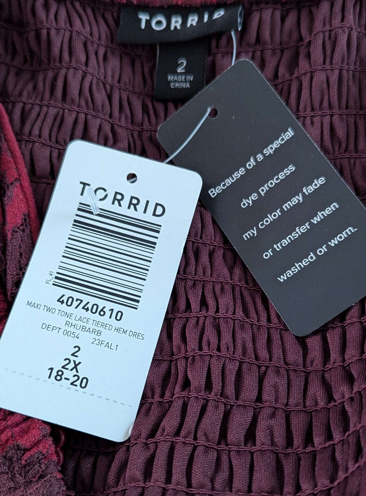 Torrid Dress Size 2 18/20 NWT Two Tone Lace Tiered Hem Dress In Rhubarb Pockets