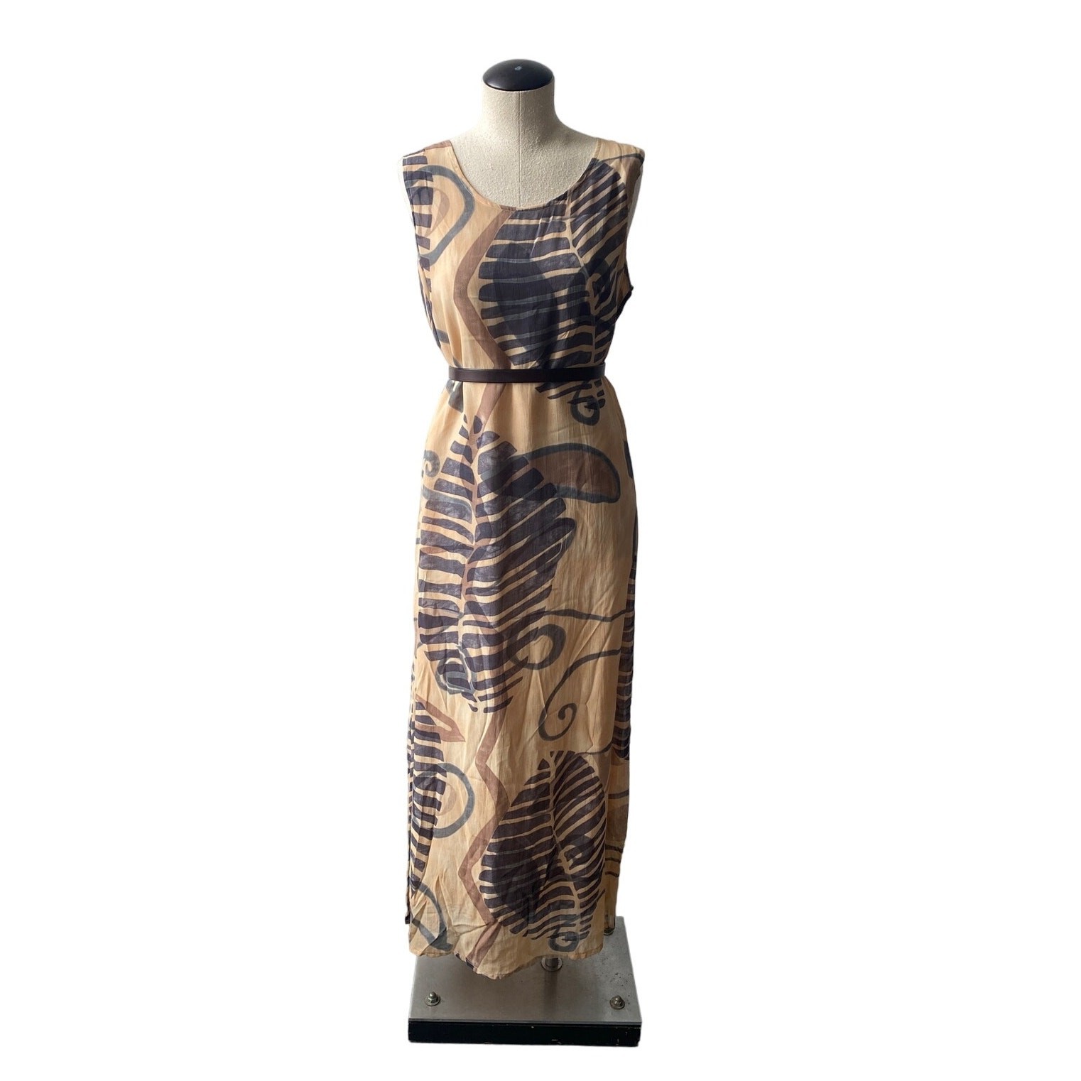 Vtg 90s Earthy Botanical Sleeveless Maxi Dress Tan Gray Boho Minimalist Sz M