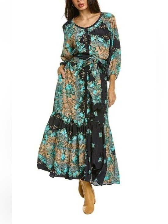 Figue Johanna Belted Tiered Midi Maxi Dress in Floral Border Print – Small
