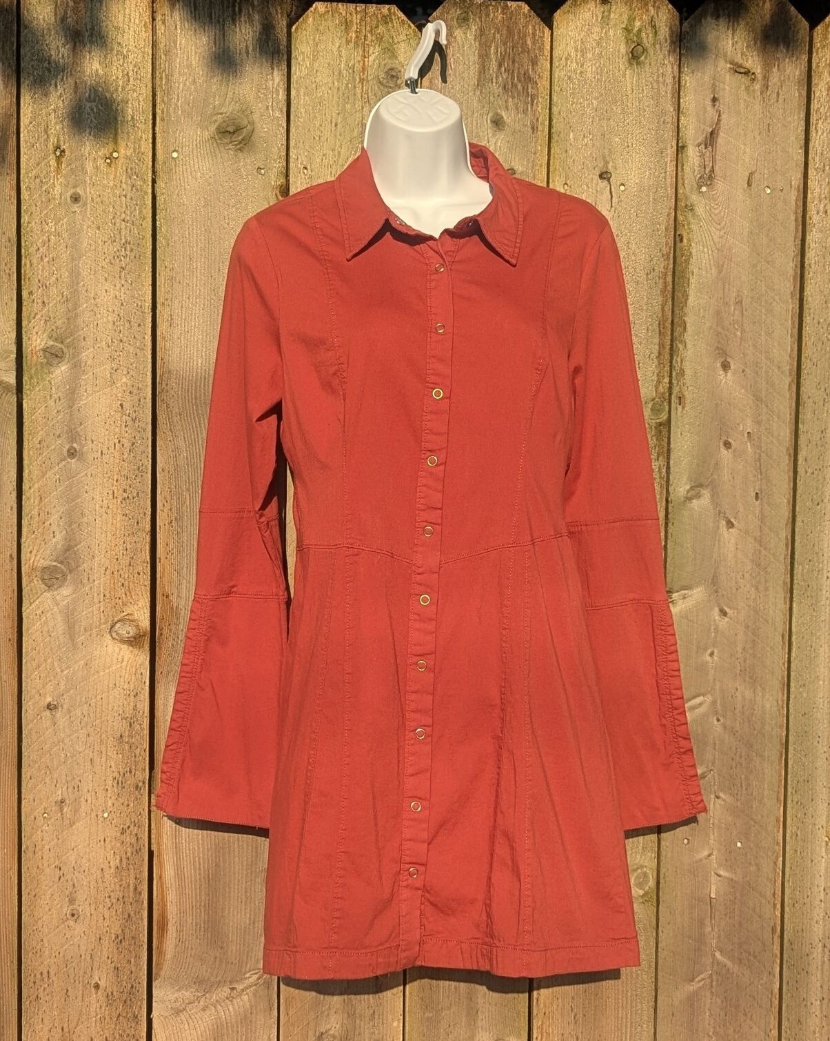 FREE PEOPLE RUST SHIRT DRESS SNAP FRONT COTTON BLEND BELL SLEEVE BOHO | SIZE M
