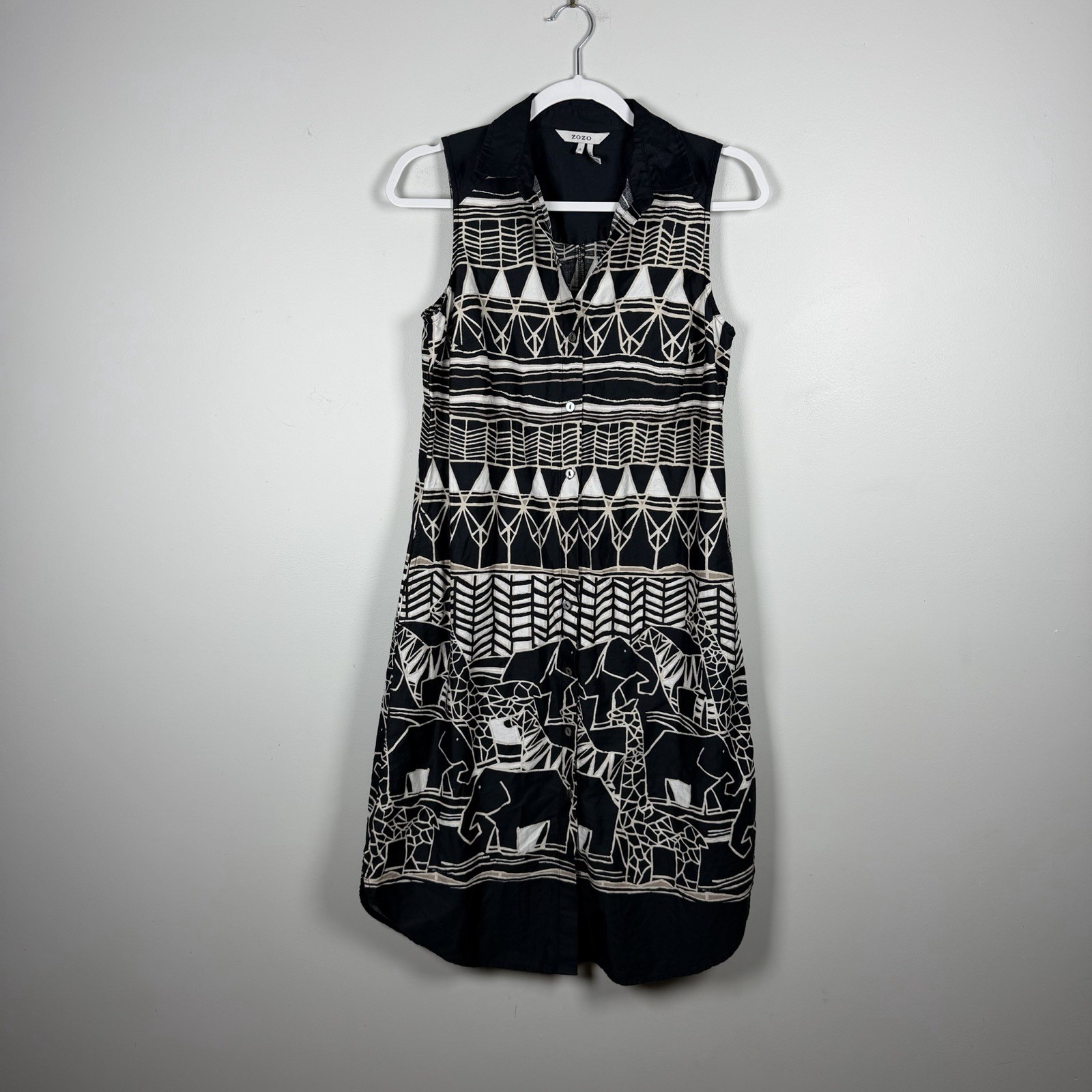 ZOZO Black White Cotton Sleeveless Safari Elephant Tribal Dress Size Small