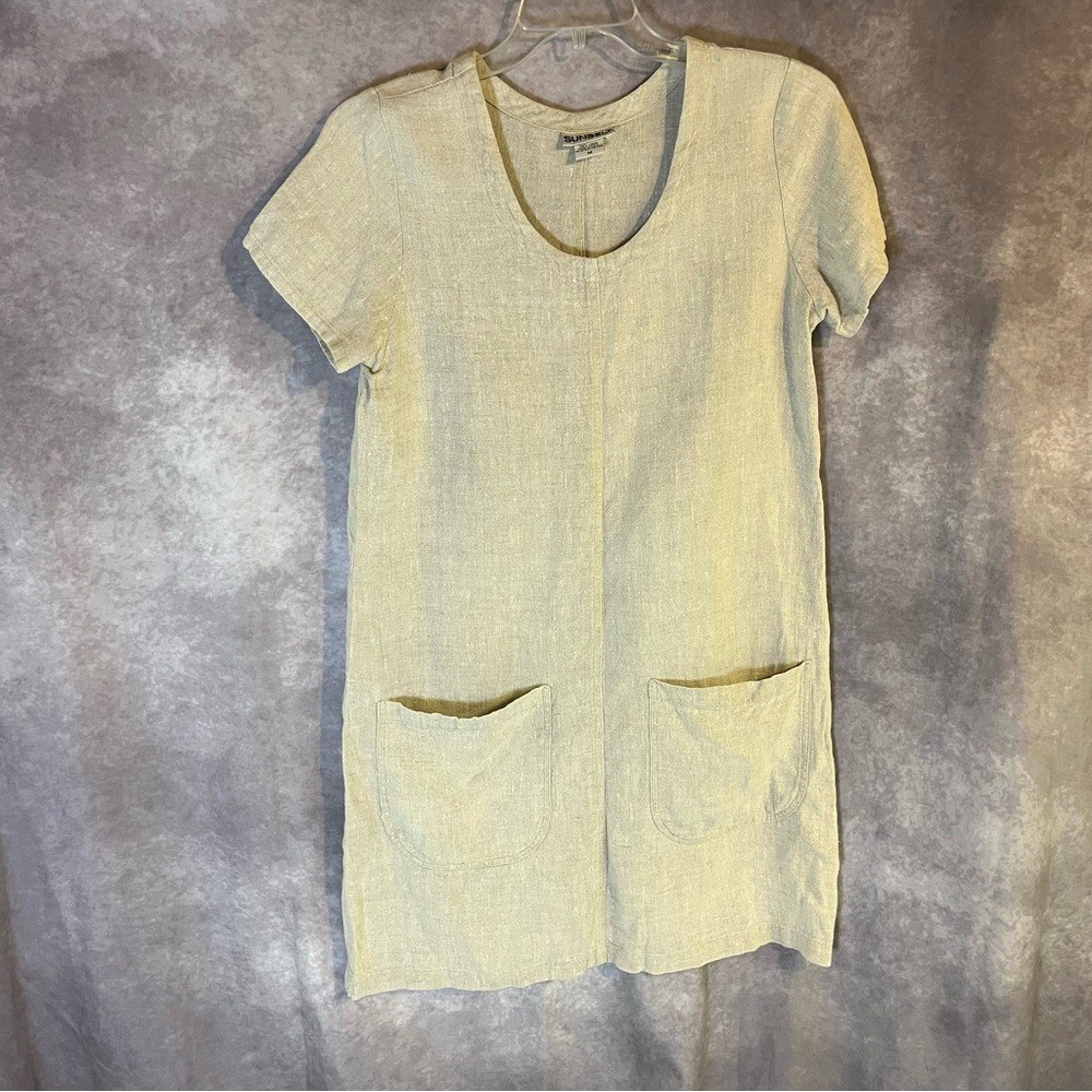 Sunbelt Beige Linen Shift Dress Summery Rustic Minimalist Medium Pockets Classy