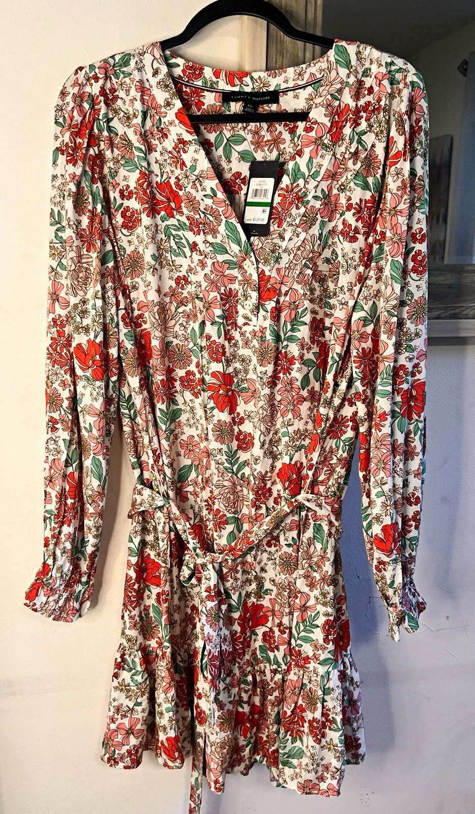 Tommy Hilfiger Floral V-Neck Button Long Sleeve Short Fit & Flare Dress L/G