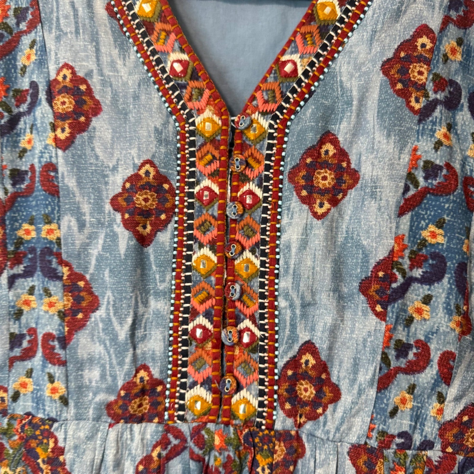 Soft Surroundings San Remo Midi Maxi Dress Blue Boho Embroidered Ikat 2GTB6