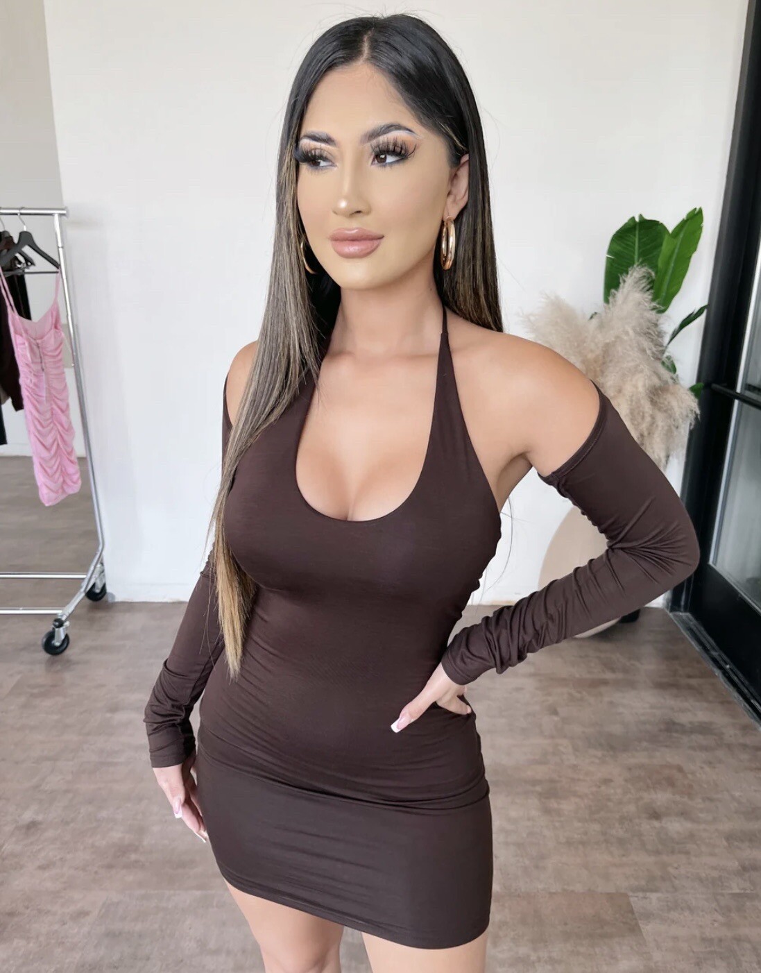 OOTDFASH TRESSER Women’s Brown Two Piece Bolero And Sexy/ Club Mini Dress