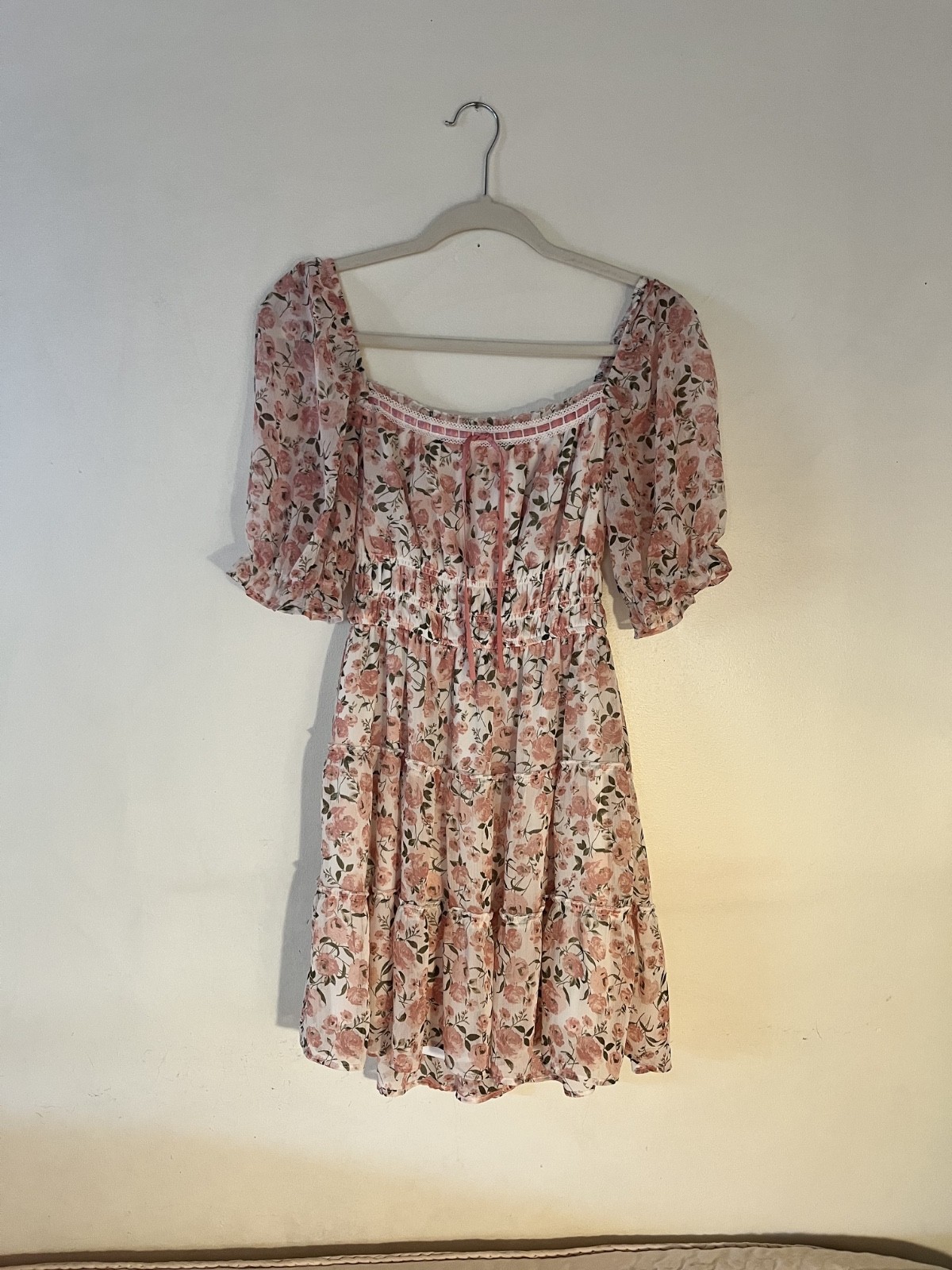Altar’d State Floral Rose Spring Dress w Ribbon and Capped Ruffled Sleeves