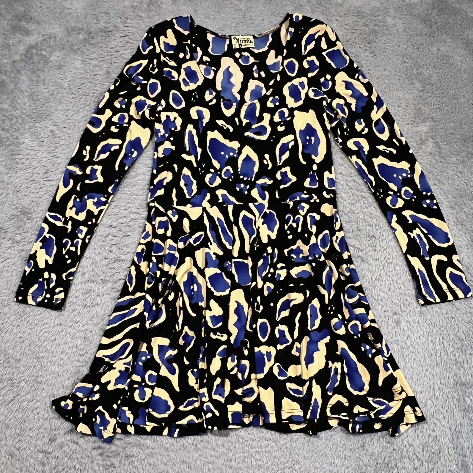 Show Me Your Mumu Stevie Babydoll Dress Blue Abstract Animal Print Long Sleeve L