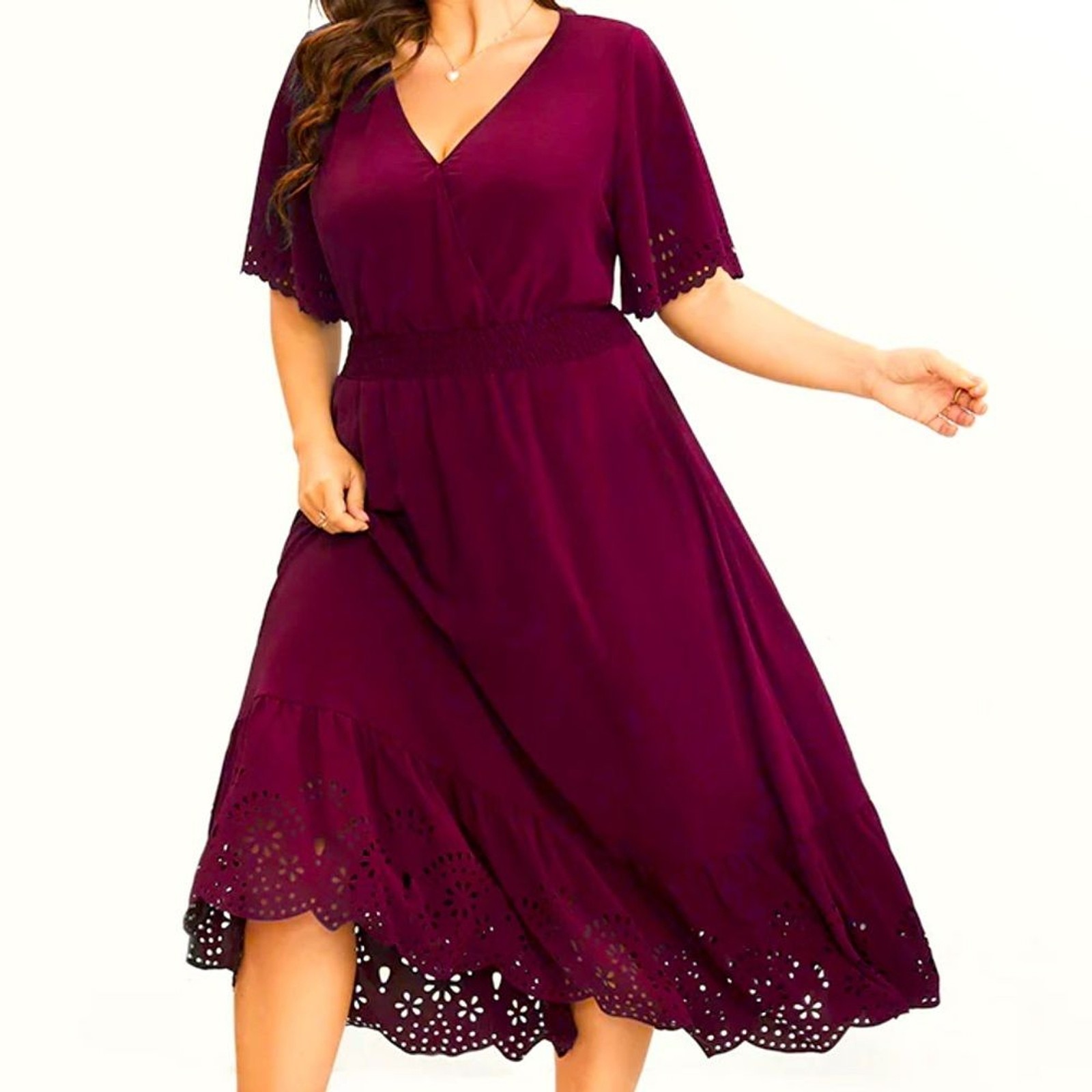 Solid Laser Cut Shirred Pocket Wrap Scalloped Trim Flutter Dress