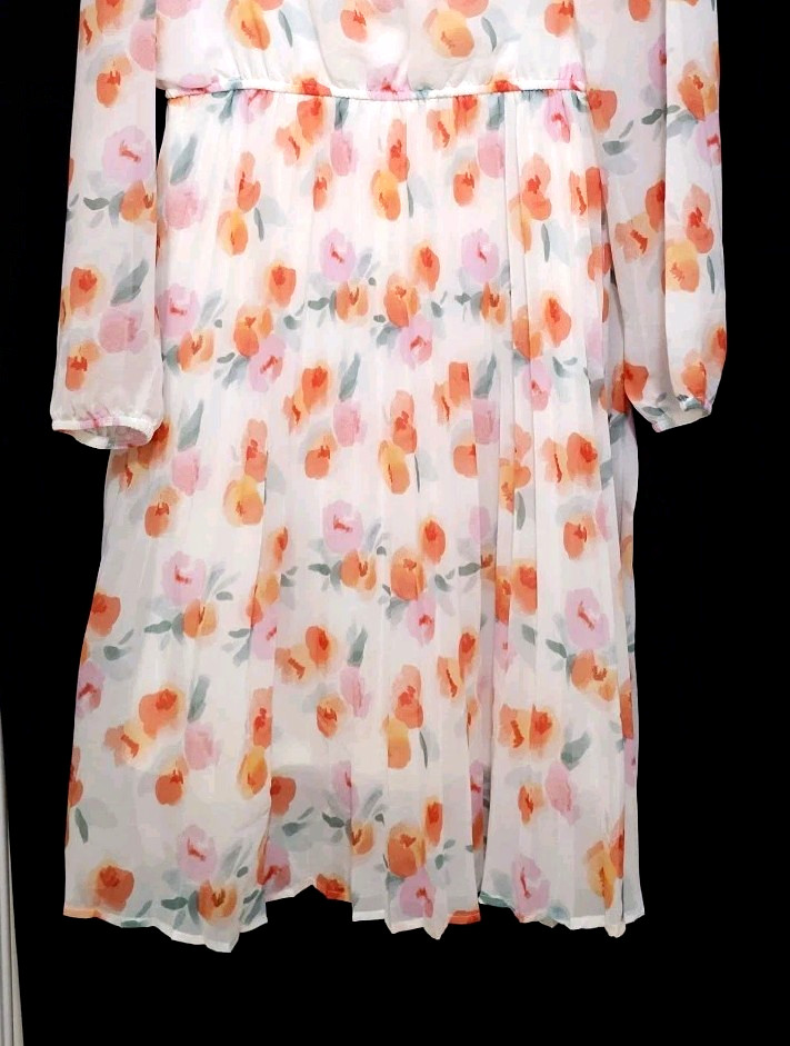 NEW Lark + Grey MEDIUM PLEATED Blouson Midi Dress Orange White Floral Tie Neck
