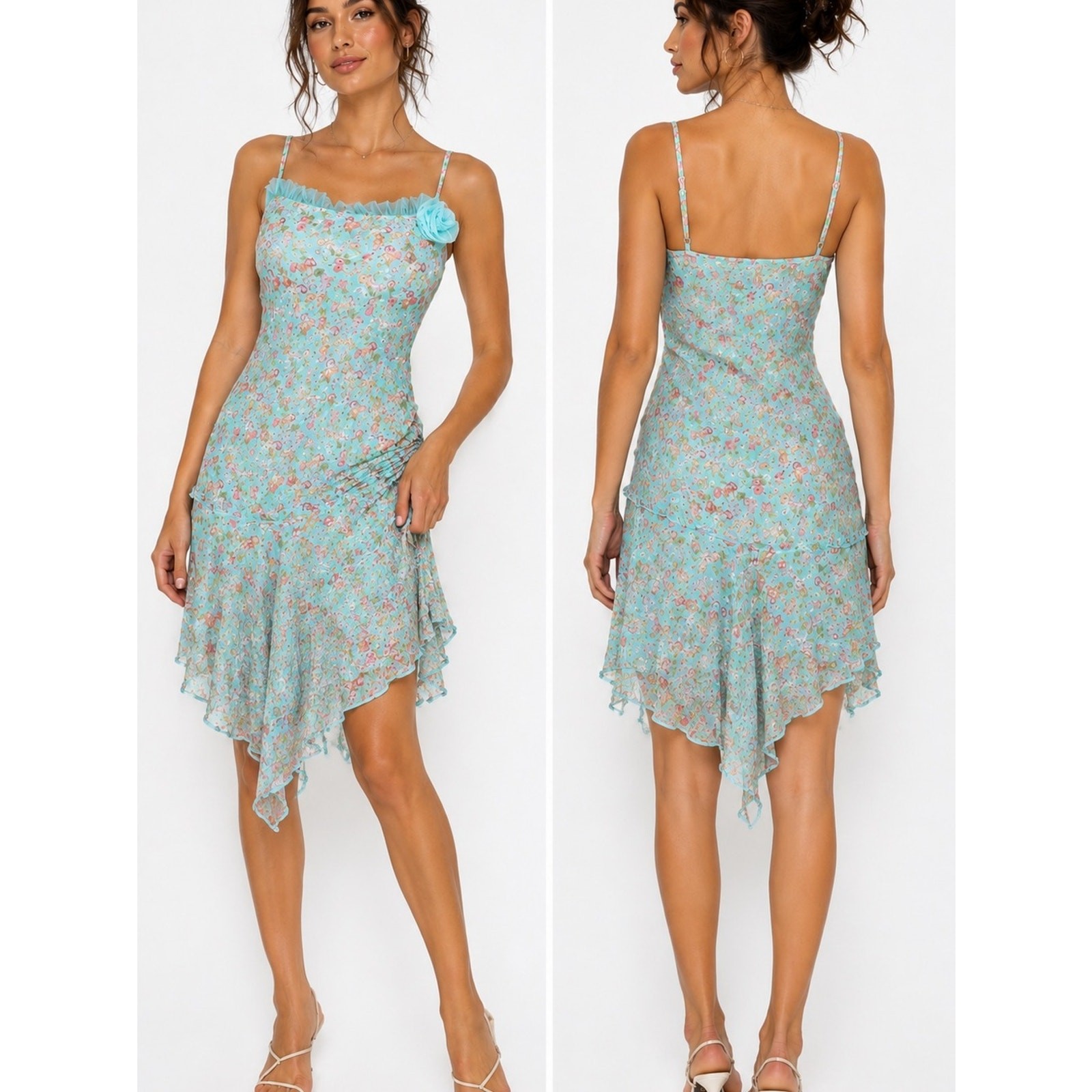 Y2K Fairy Floral Asymmetrical Handkerchief Hem Slip Dress Mesh Rosette Sz S NWOT