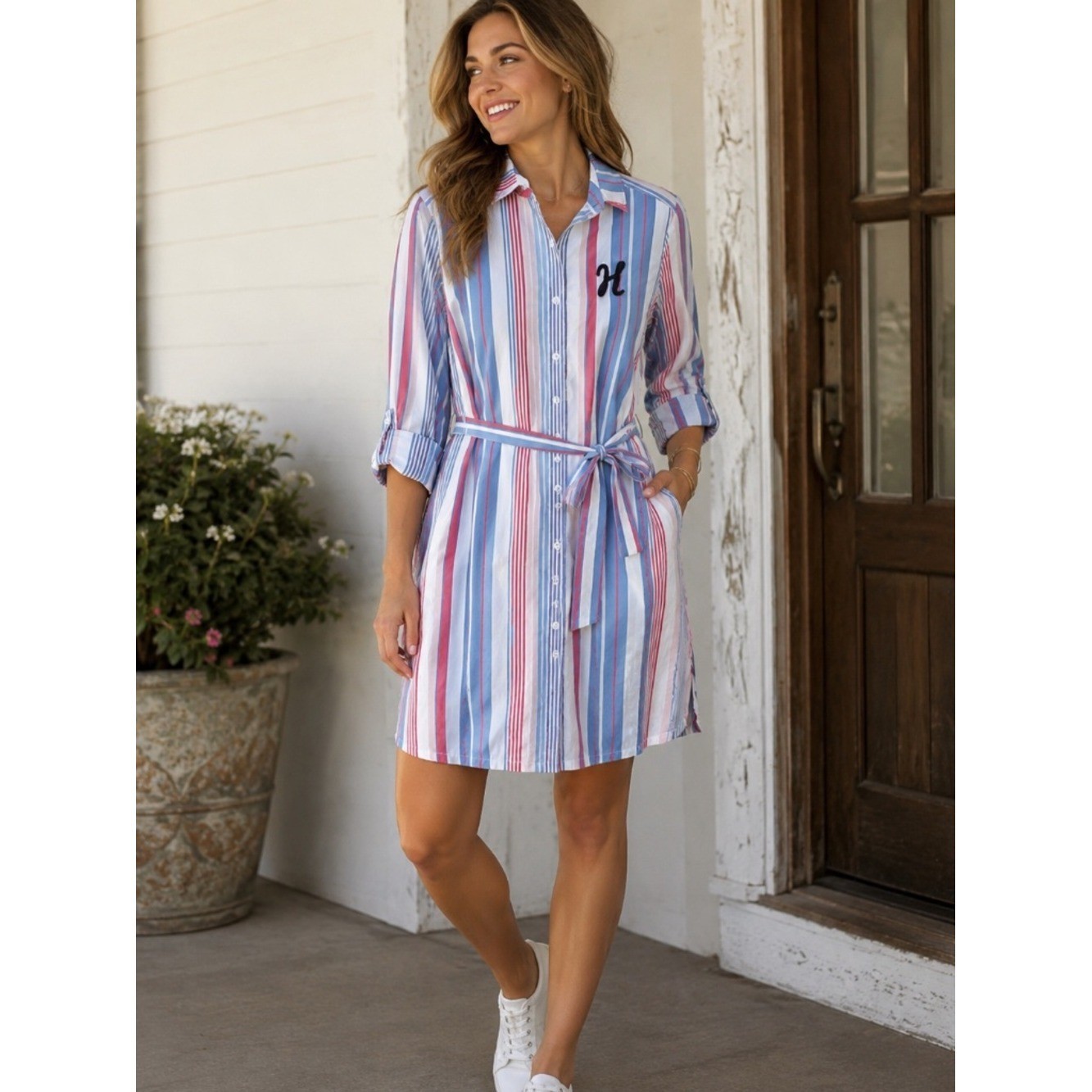 Tommy Hilfiger Red White Blue Striped Shirt Dress