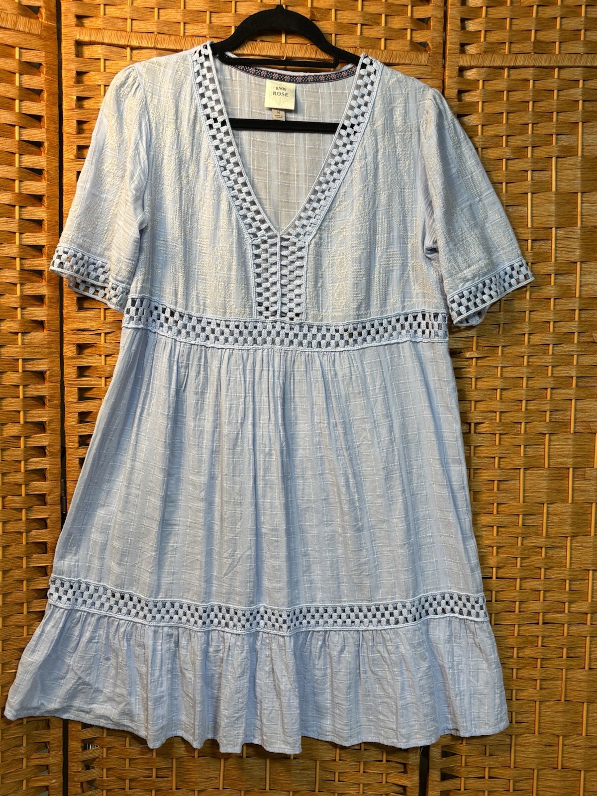 Knox Rose Light Blue V-Neck Puff A-Line Women Dress Crochet Embroidered M 2162