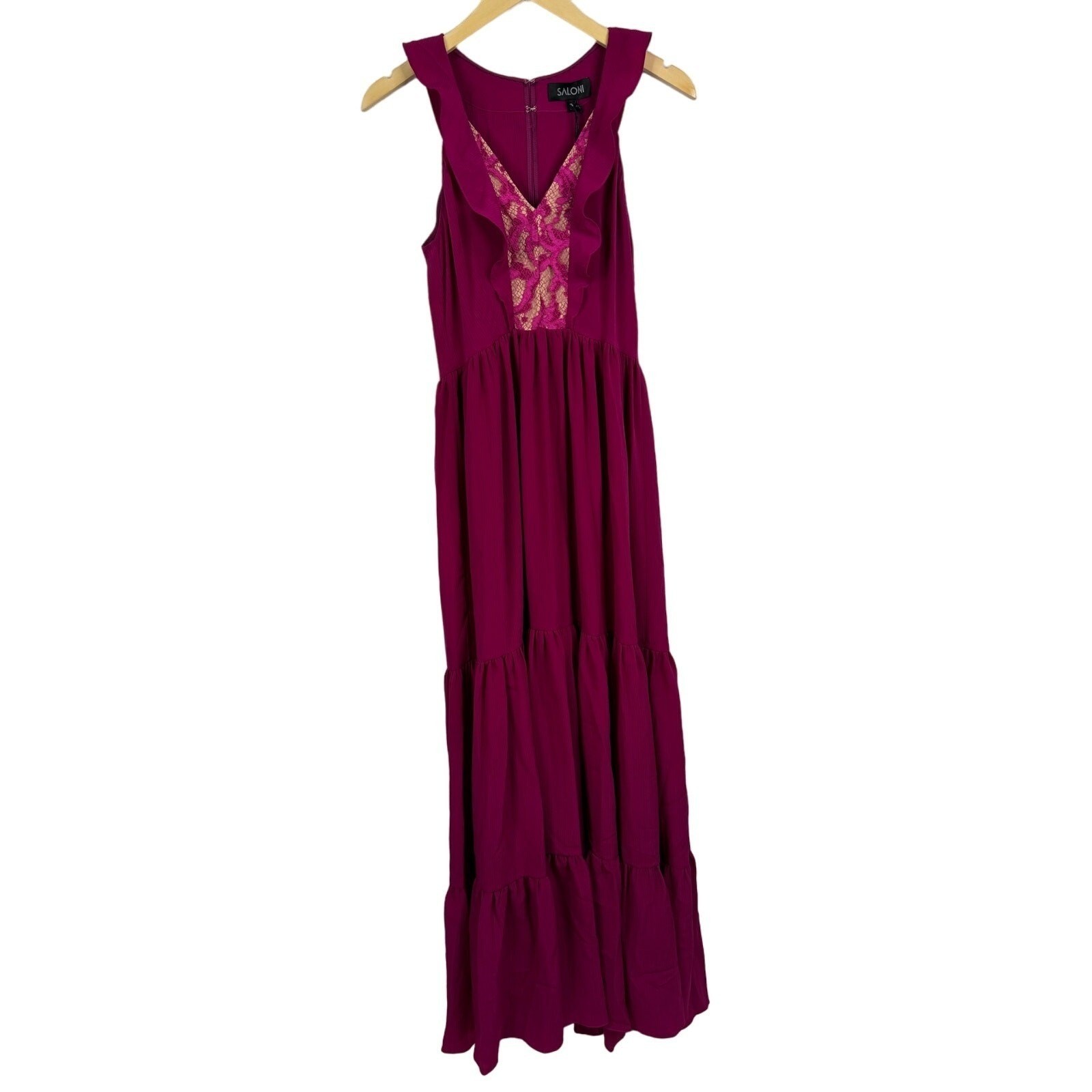 SALONI Suzi Berry Crinkle Crepe Lace Maxi Dress Size 6 NWT