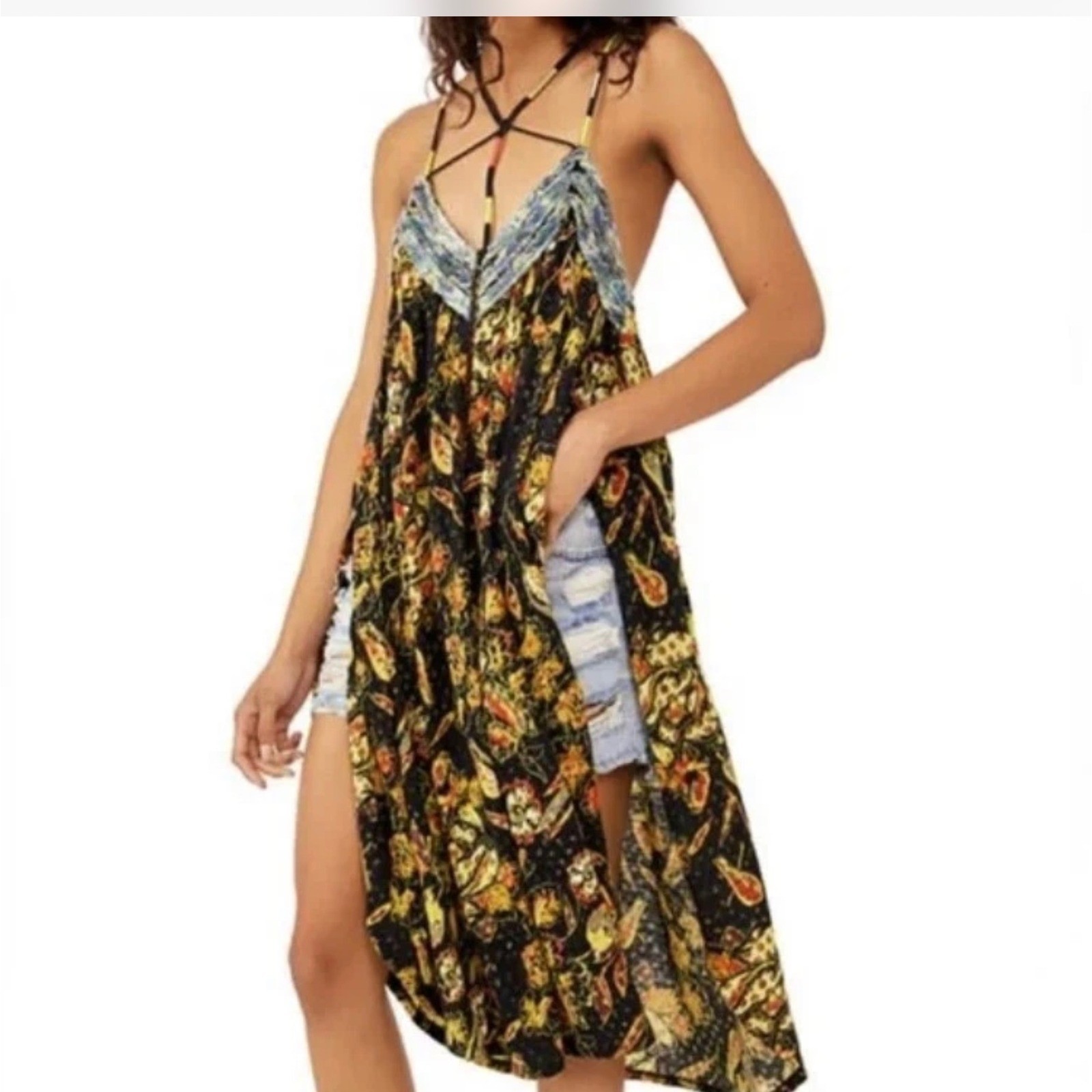 Free People Garden Party Dress Women L Black Floral Strappy Tassel Boho Festival