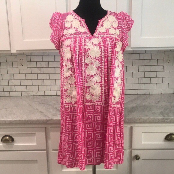 Savanna Jane Dress Womens Small Pink Embroidered Bohemian Beach Floral Feminine