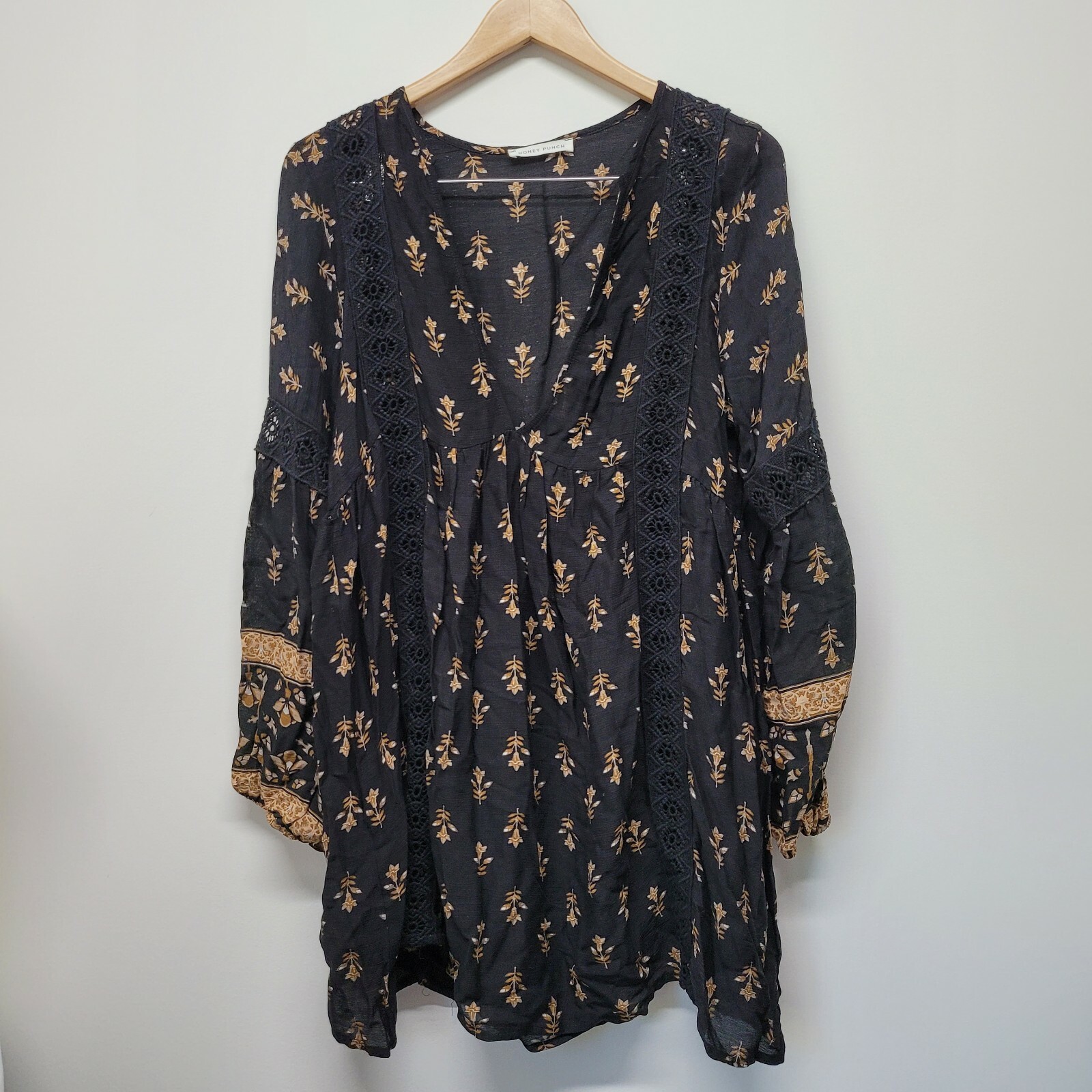 Honey Punch Black Brown Tan Floral Long Sleeve Mini Dress Size Medium Boho
