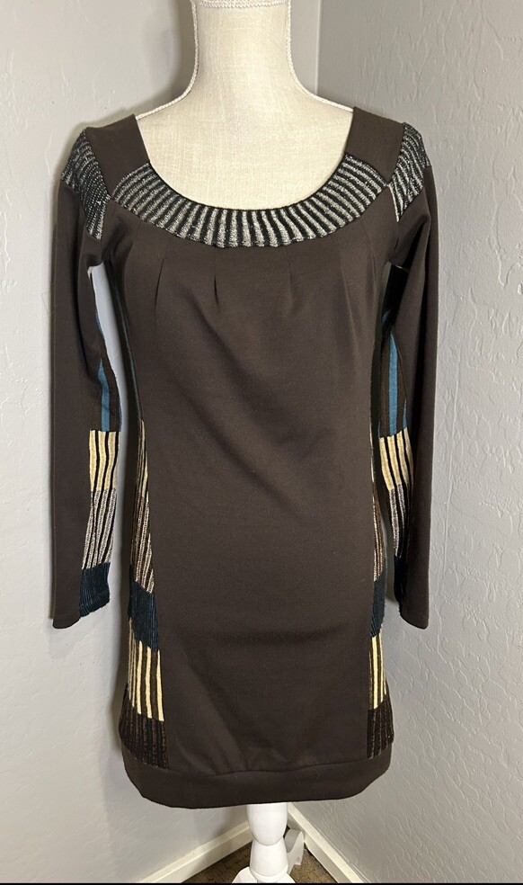 PIANURA STUDIO Art To Wear Brown Wool Poly Blend Dress Made In Italy IT 42 US