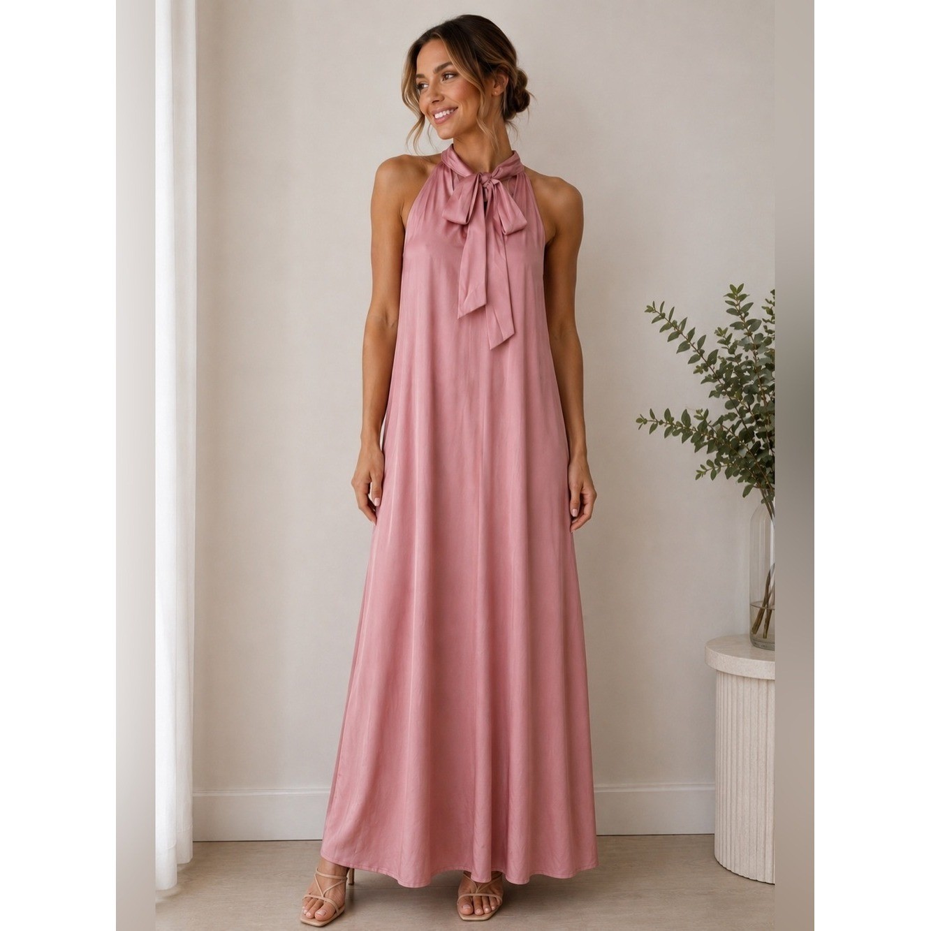 NEW Satin-Look Blush Pink Halter Tie Neck Maxi Dress