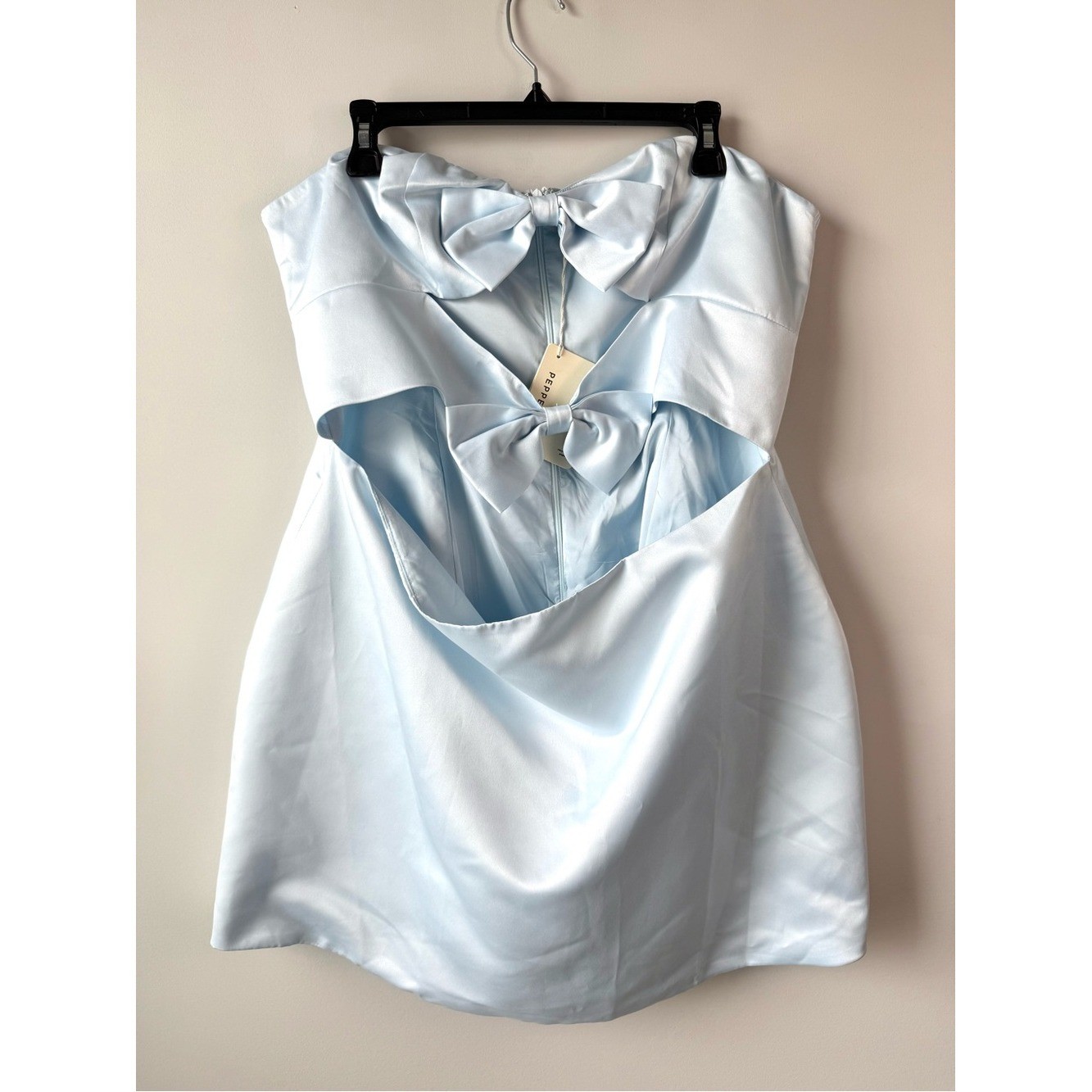 Peppermayo Girl Crush Bow Strapless Mini Dress Light Blue 14
