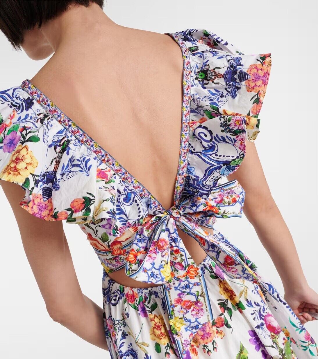 CAMILLA “Dutch Is Life” Tiered Frill Cotton V-Neck Open Back Maxi Dress, L $899
