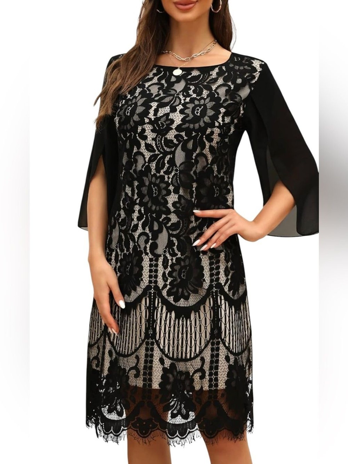 Cooan Lace Cocktail Dress Black and Cream Sheer Long Sleeve Womens Medium NEW