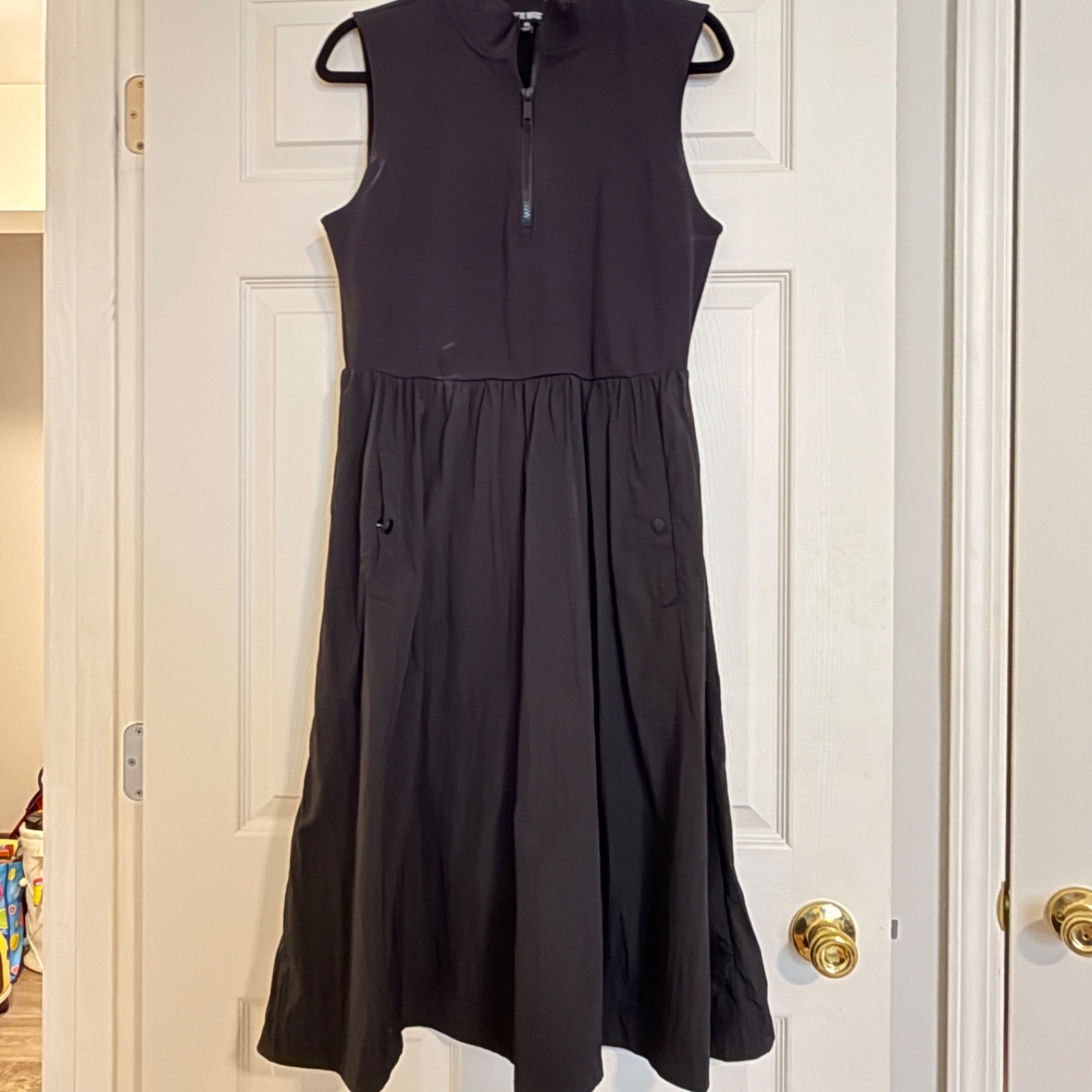 Steve Madden Black Midi Dress XL Sleeveless Ribbed Mock Neck Zip Pockets Casual