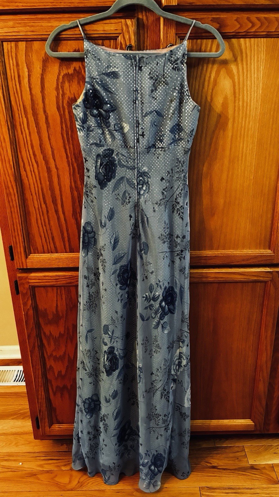 Vintage Betsy & Adam Blue Floral Sequin Mesh Square Neck Strappy Maxi Dress 6