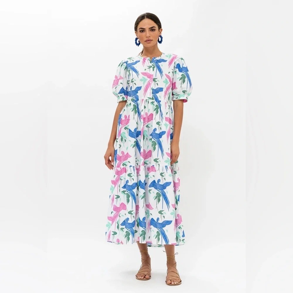 Oliphant Cotton Button Cuff Sleeve Maxi Dress Macaw Blue Pink M Vacation Summer