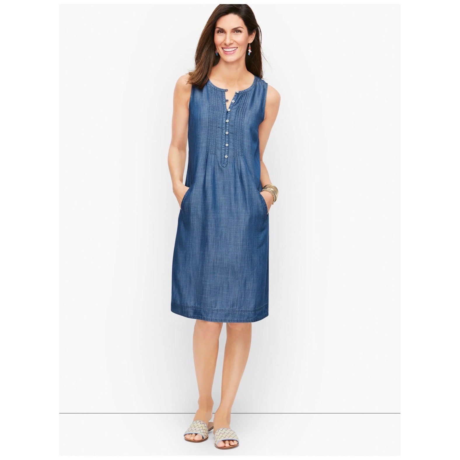 Talbots Pintuck Denim Shift Dress 10 Womens Blue Tencel Lyocell Pockets