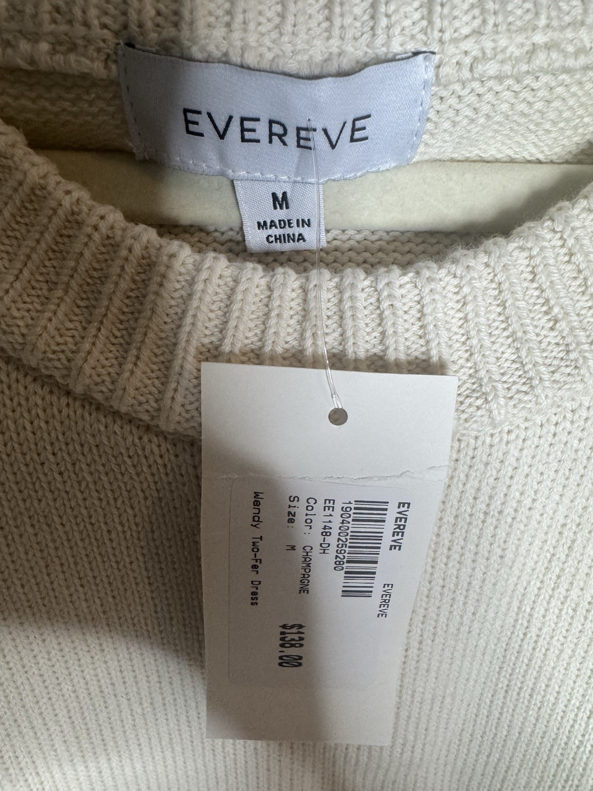 NWT Evereve Sweater/Satin Dress Champagne M Crew Neck Short Sleeve