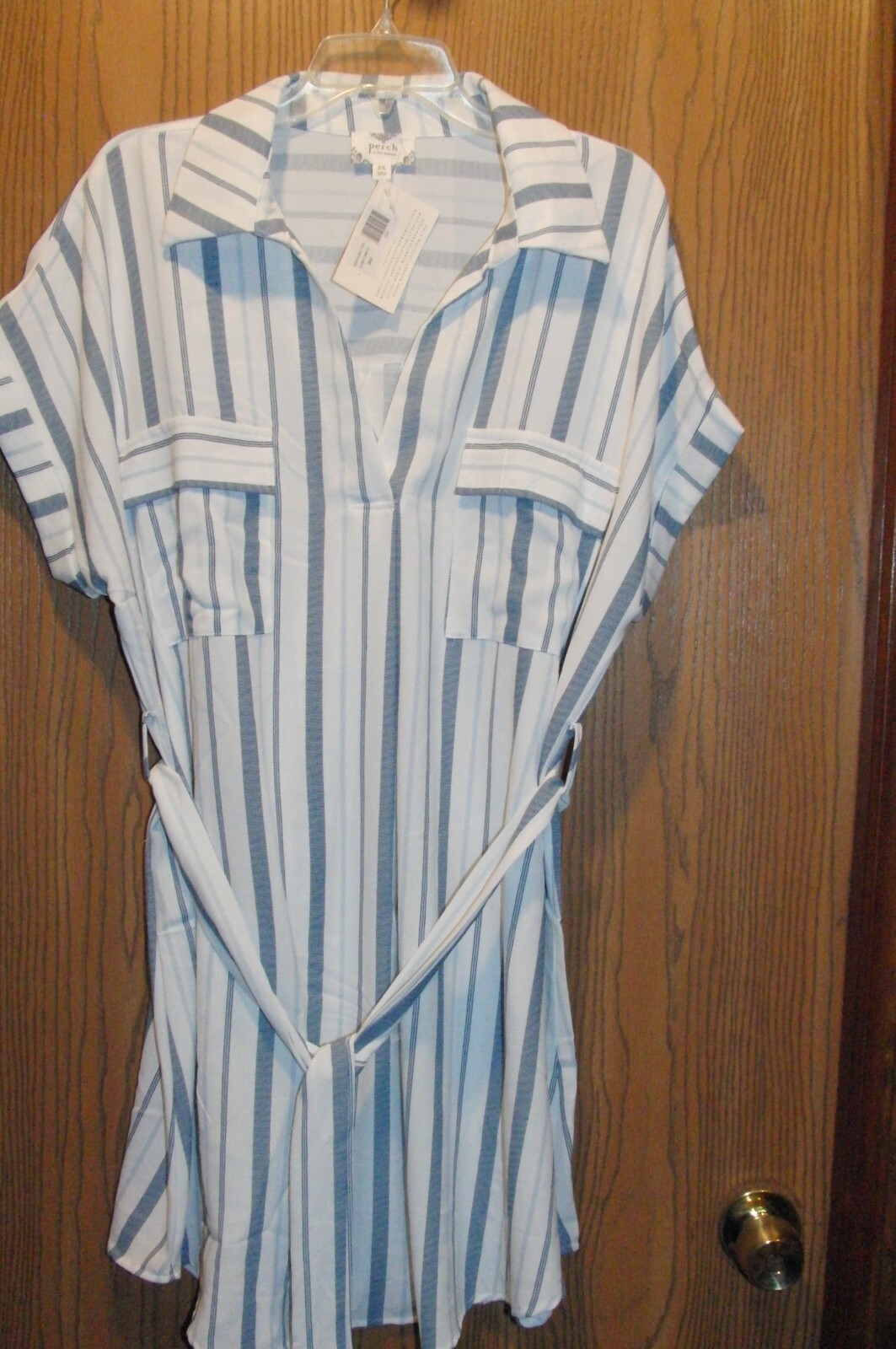 Perch by Blu Pepper Sofia Belted Shirt Striped Polyester Dress 2XL NEW $42
