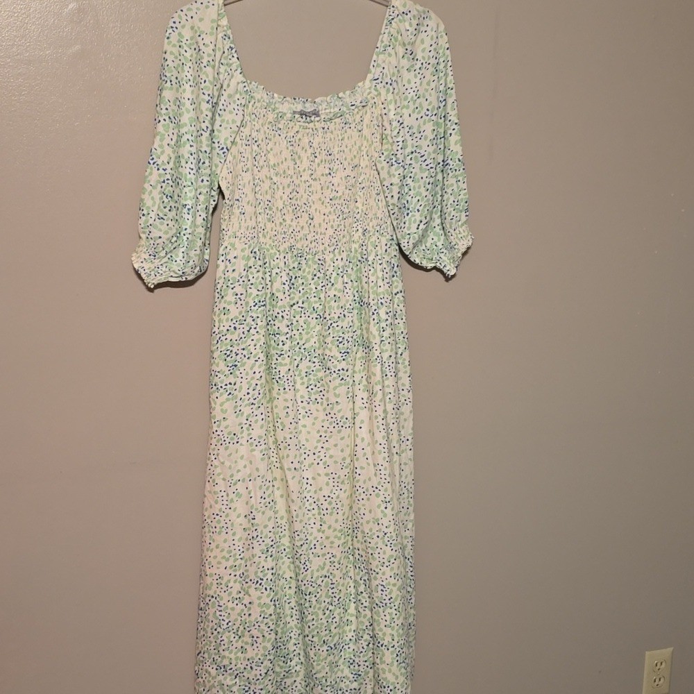 Oliver Bonas Speckle Print White Shirred Midi Dress Multicolor Womens Size 10