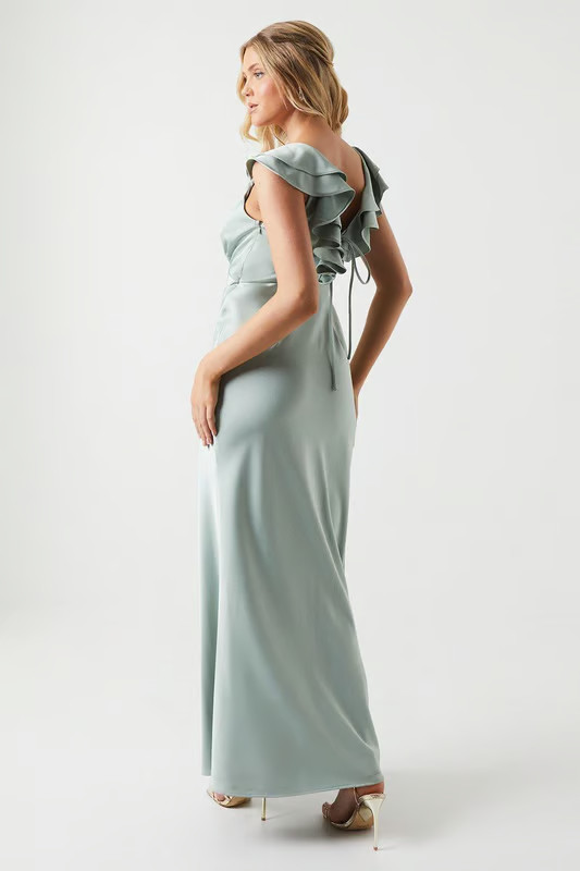 Oasis Sage Pale Green Satin Ruffle Bridesmaid Prom Maxi Gown Dress 12 BNWT £79